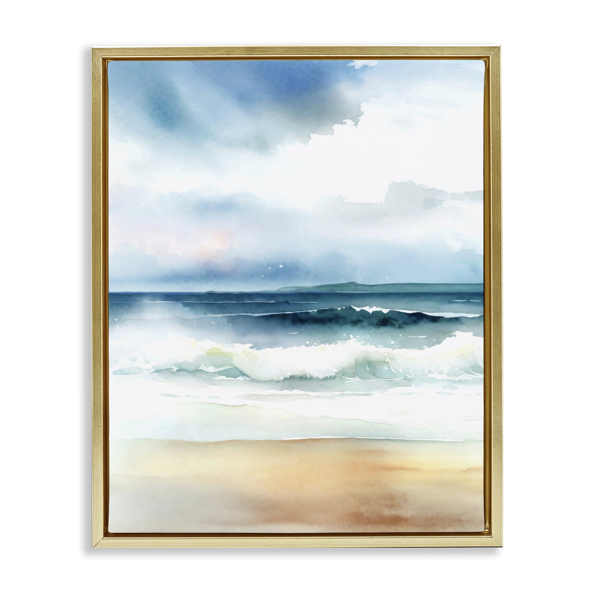 Stupell Industries Rolling Seaside Waves Coastal Painting Gold Floater Framed Canvas Art Print Wall Art, 25 x 31