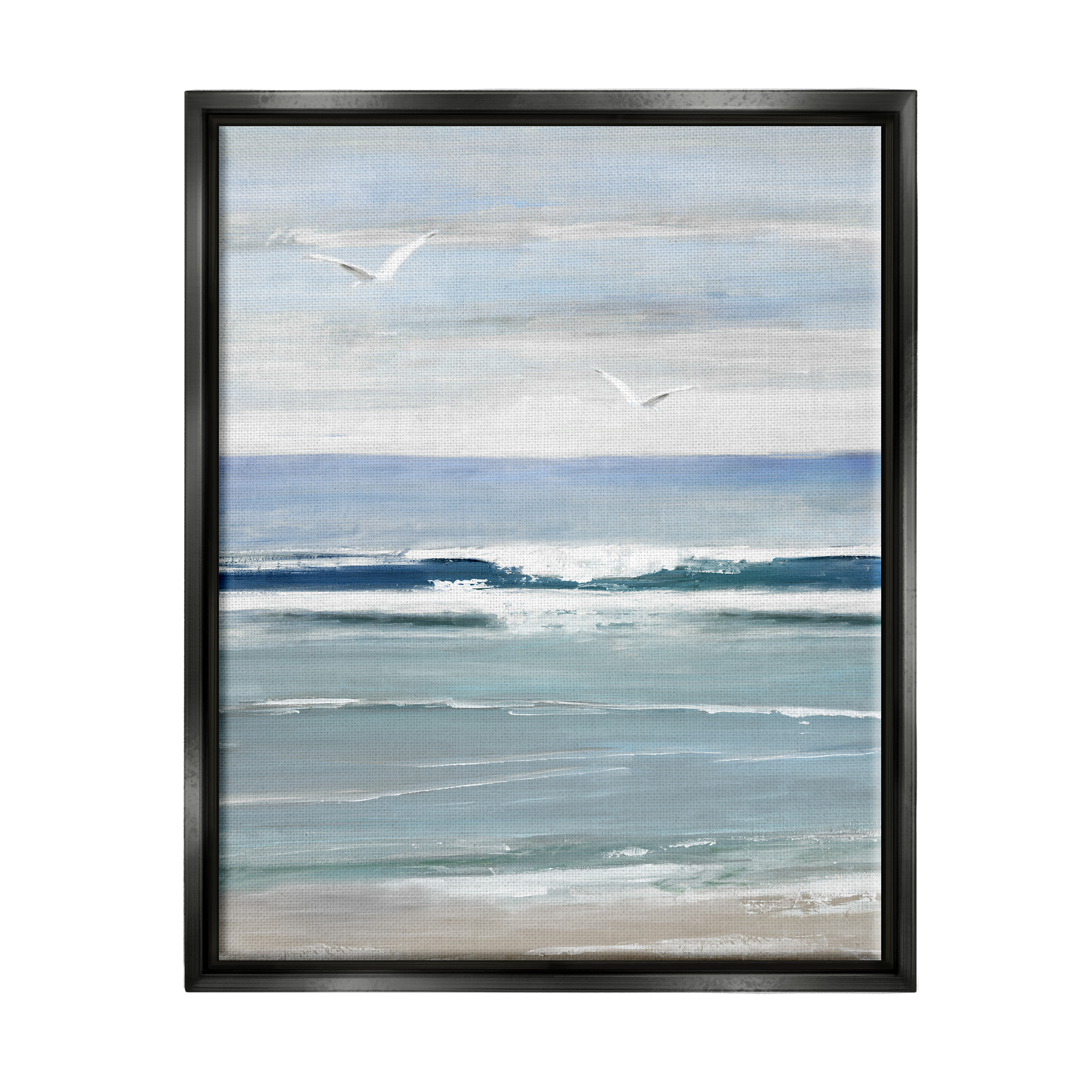 Stupell Industries Rolling Waves & Seagulls Nature Painting Black Floater Framed Canvas Art Print Wall Art, 25 x 31