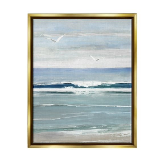Stupell Industries Rolling Waves & Seagulls Nature Painting Gold Floater Framed Canvas Art Print Wall Art, 17 x 21