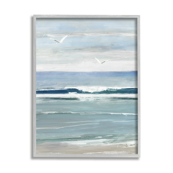 Stupell Industries Rolling Waves & Seagulls Nature Painting Gray Framed Art Print Wall Art, 16 x 20