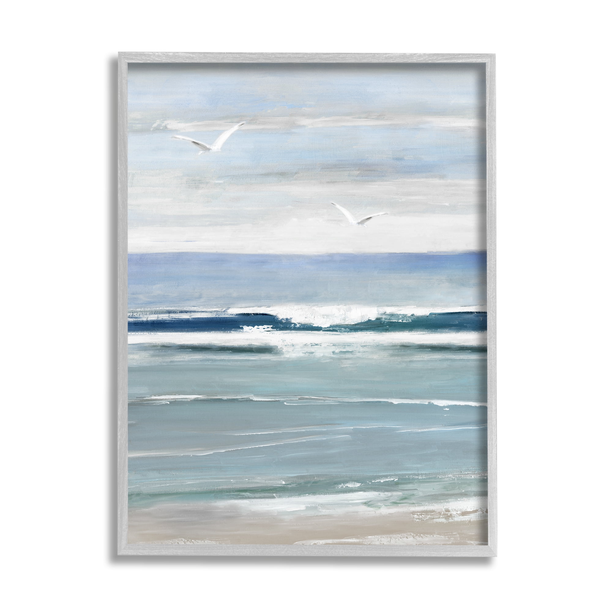 Stupell Industries Rolling Waves & Seagulls Nature Painting Gray Framed Art Print Wall Art, 24 x 30