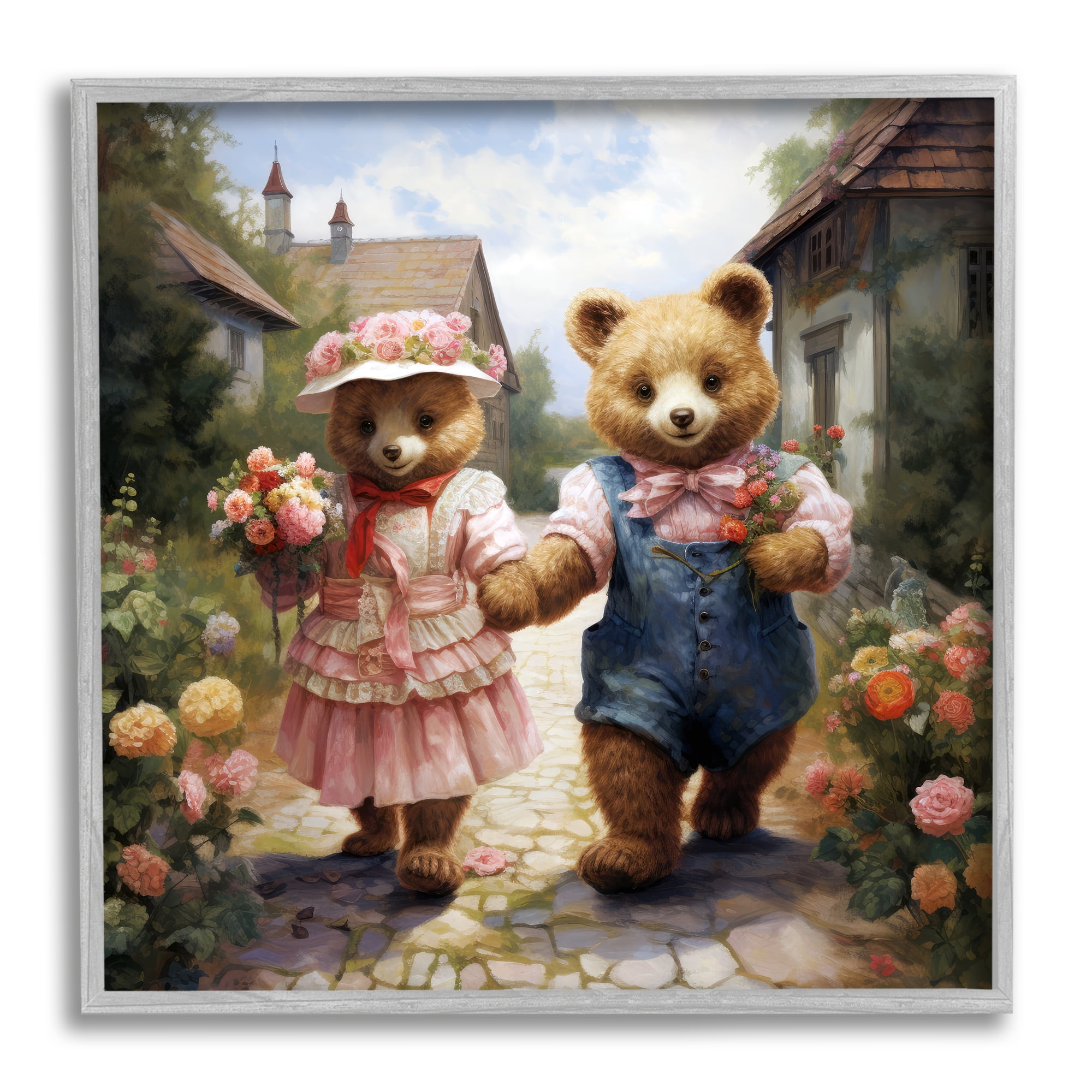 Stupell Industries Romantic Bear Couple Animals & Insects Painting Gray Framed Art Print Wall Art, 24 x 24