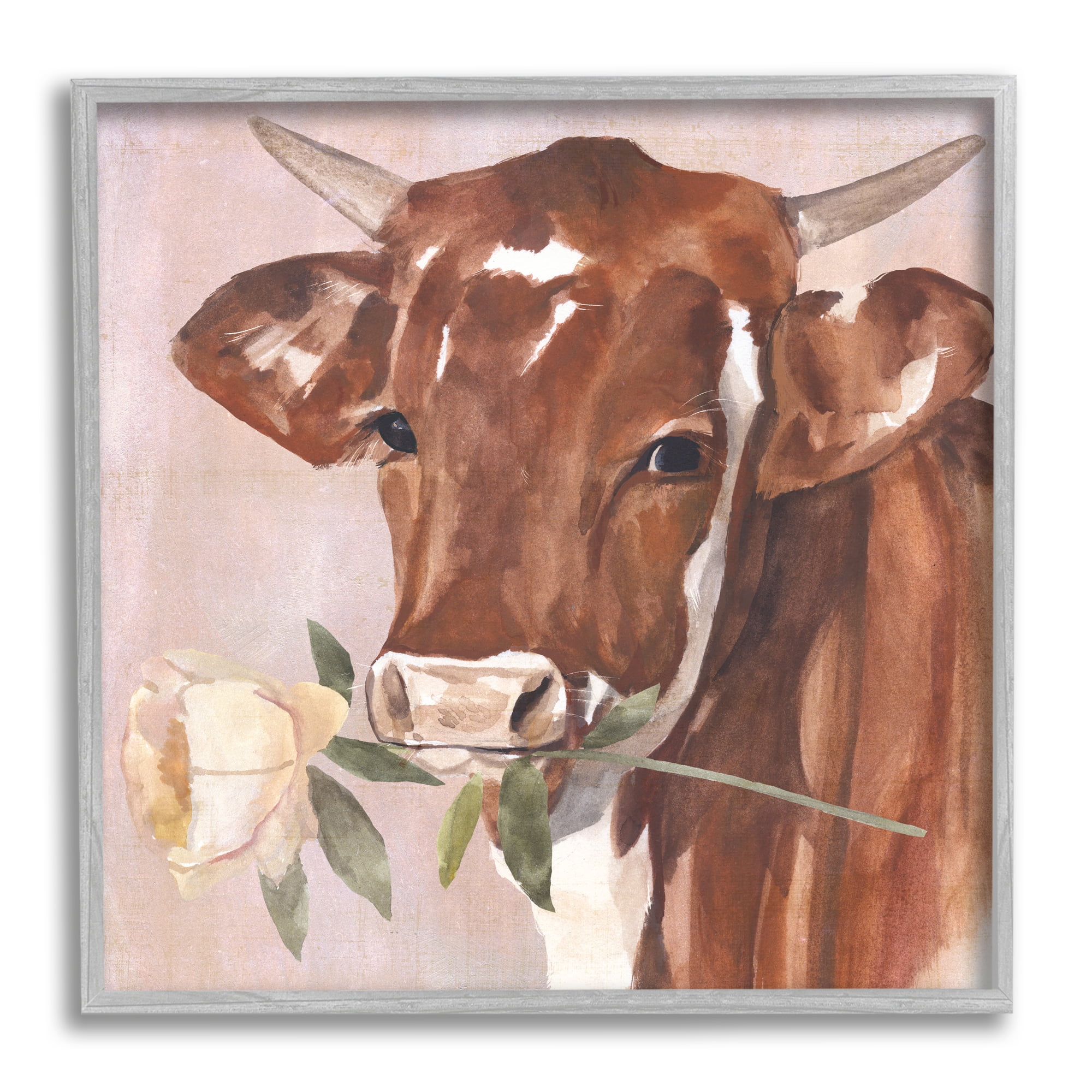Stupell Industries Romantic Bull Cattle White Rose over Pink, 17 x 17, Design by Annie Warren