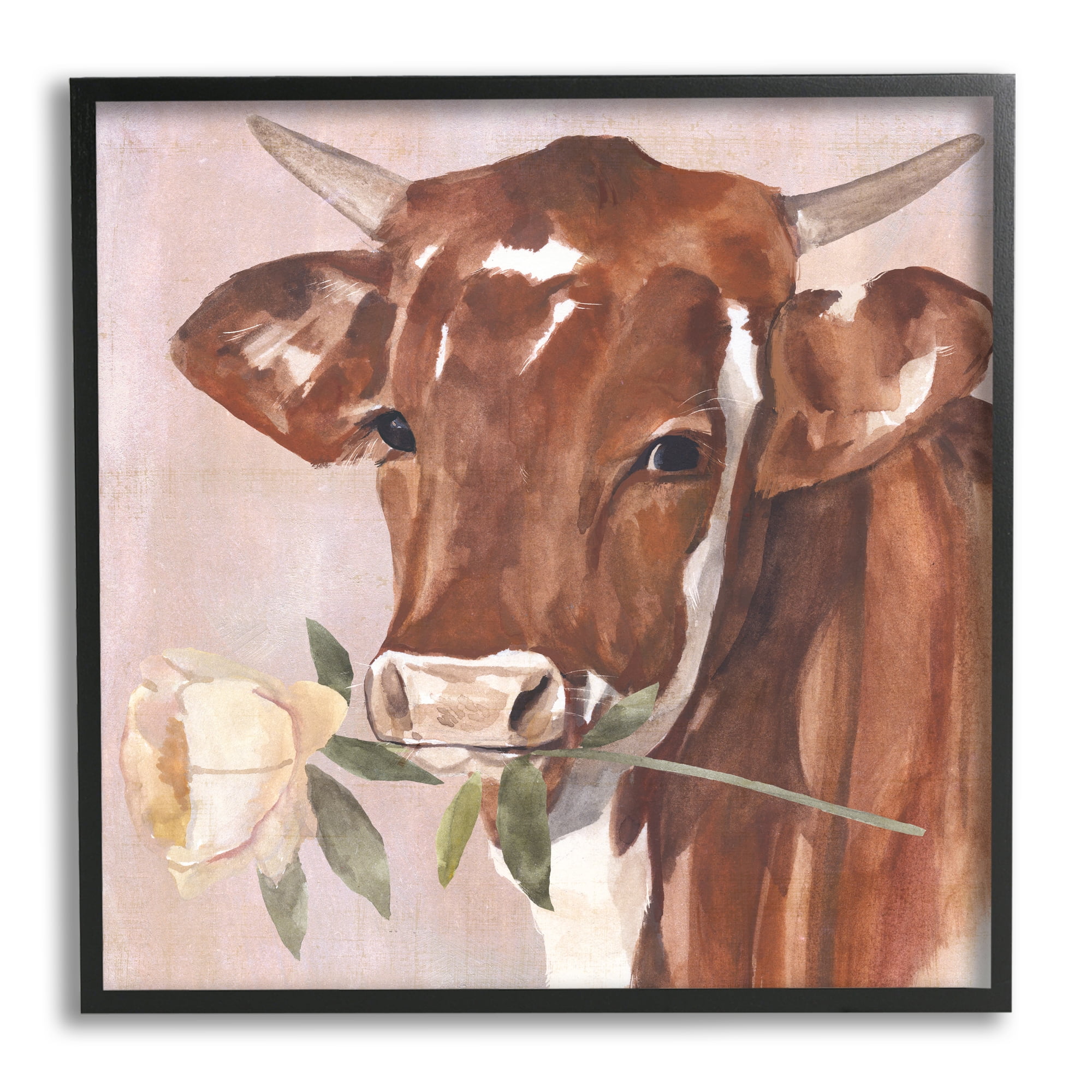 Stupell Industries Romantic Bull Cattle White Rose over Pink, 17 x 30, Design by Annie Warren