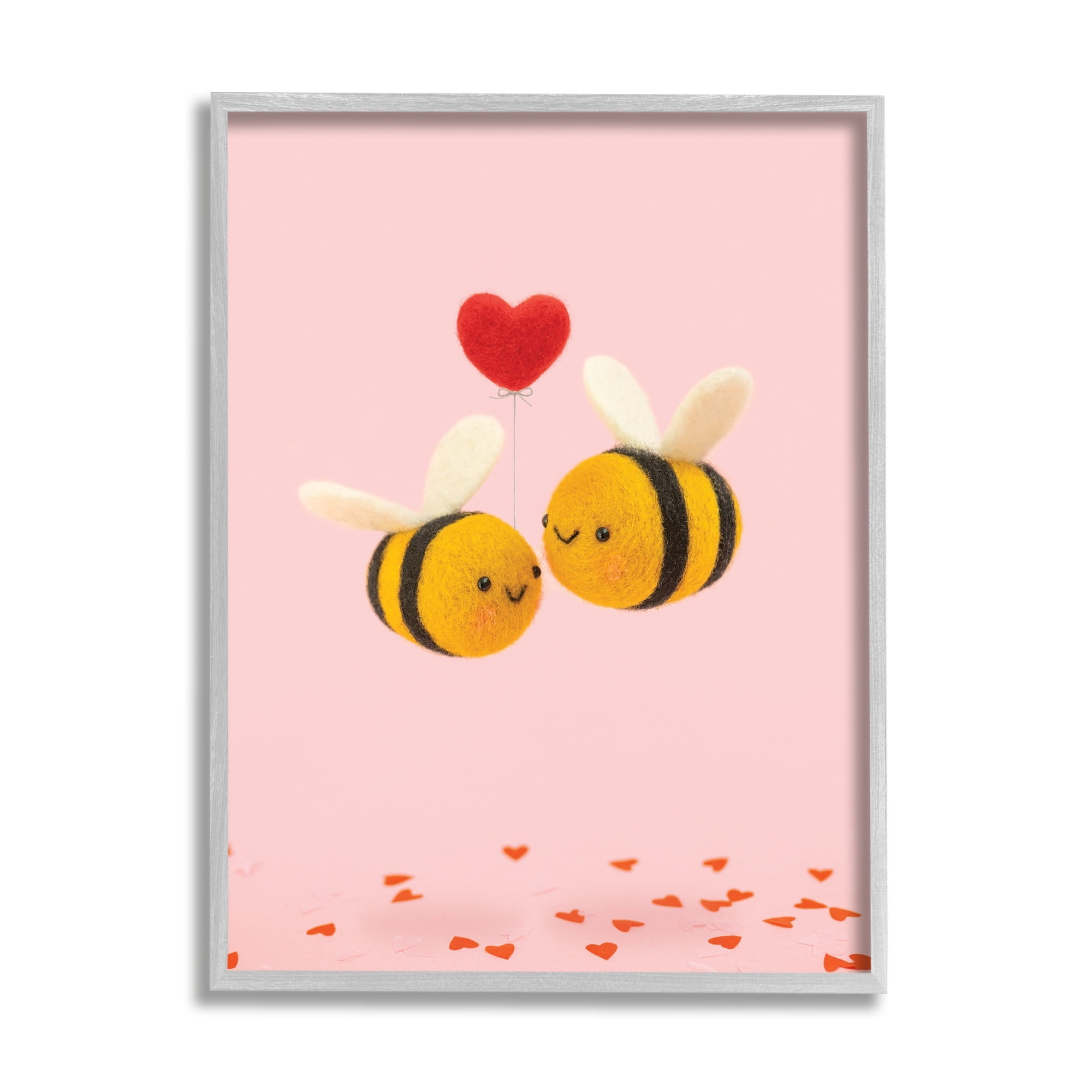 Stupell Industries Romantic Bumblebees Pink Hearts Holiday Photography Gray Framed Art Print Wall Art