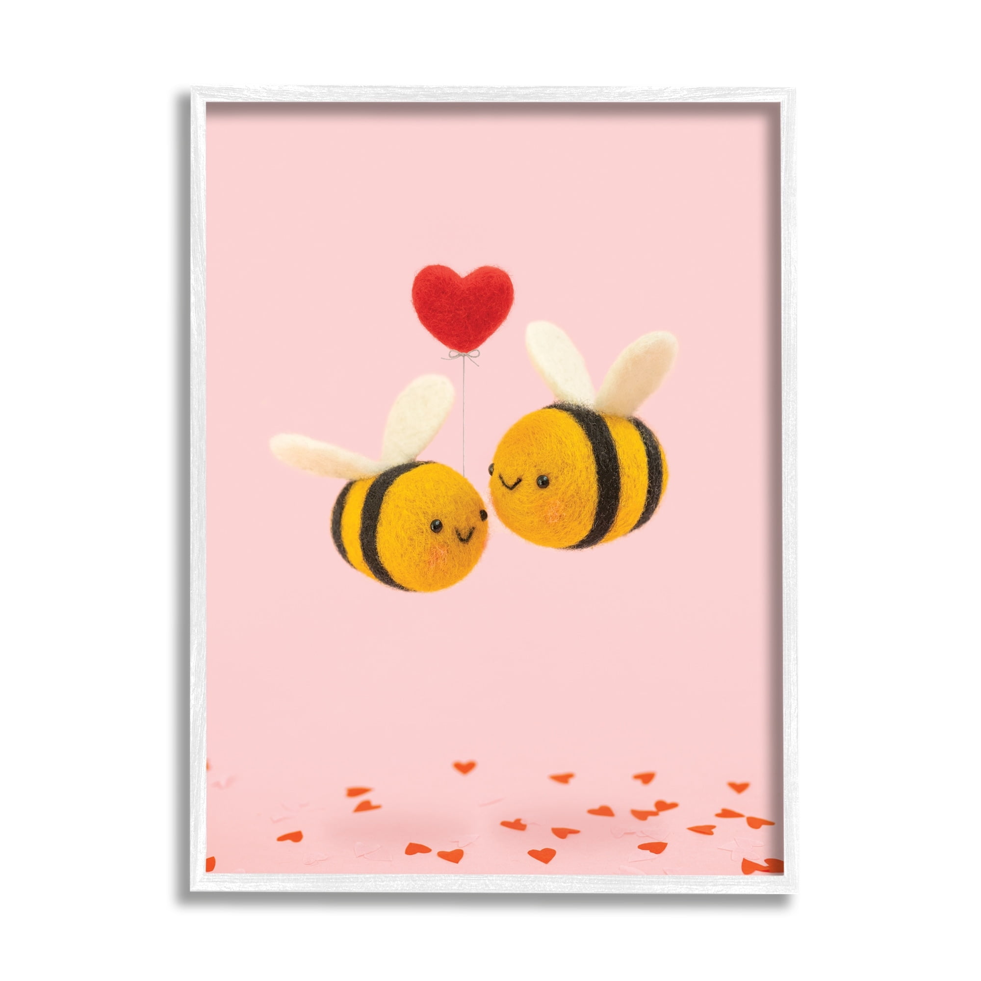 Romantic Bumblebees Pink Hearts White Framed Canvas Print