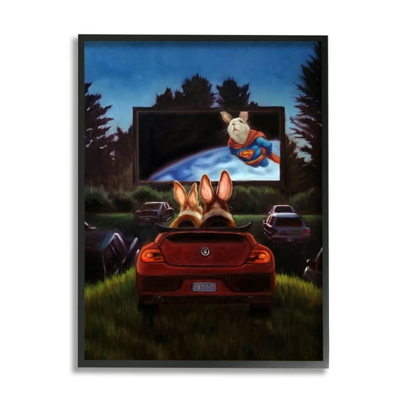 Stupell Industries Romantic Bunny Couple Drive-In Movie Date Animals Painting Black Framed Art Print Wall Art, Design by Lucia Heffernan