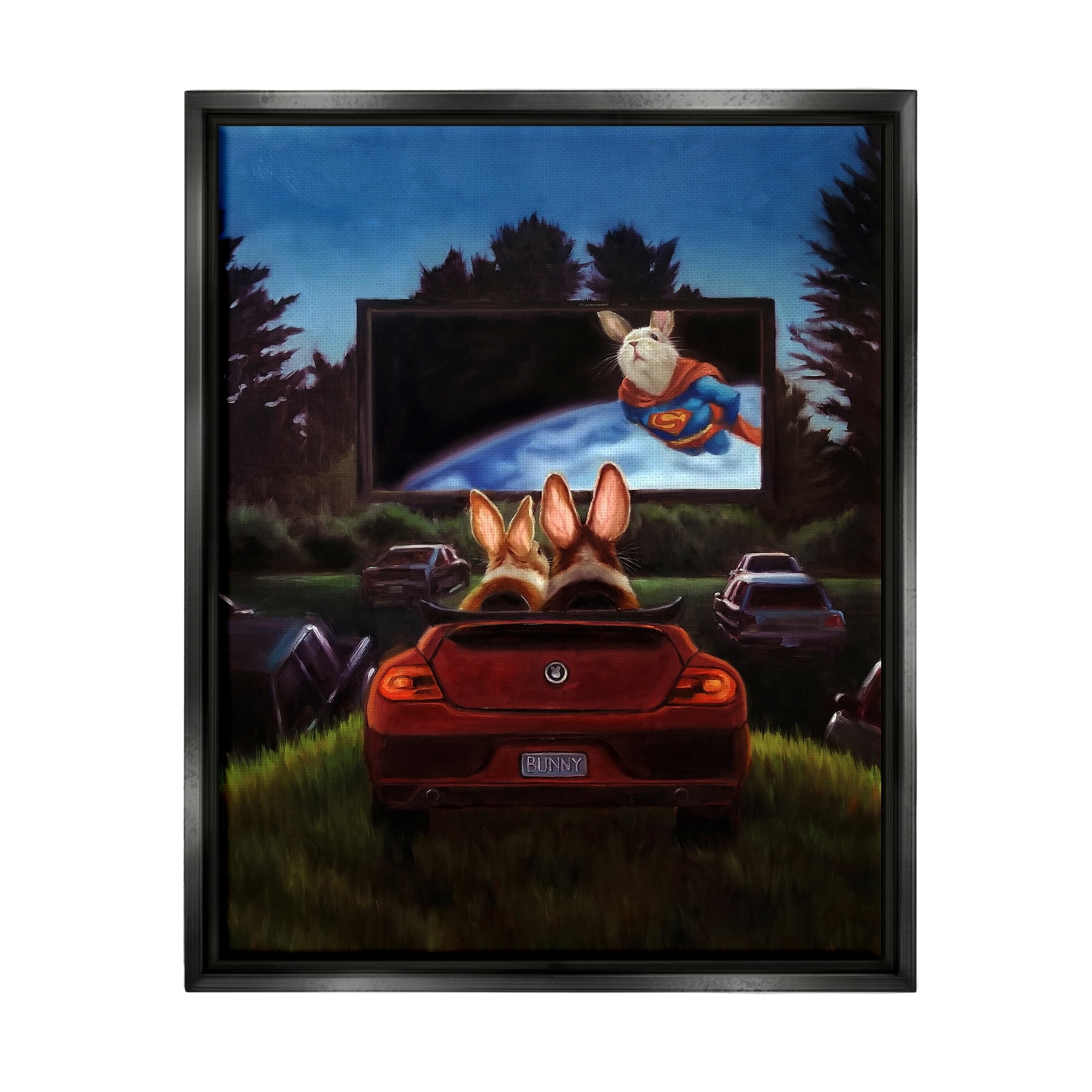 Stupell Industries Romantic Bunny Couple Drive-In Movie Date Animals Painting Jet Black Floating Framed Canvas Print Wall Art, Design by Lucia Heffernan
