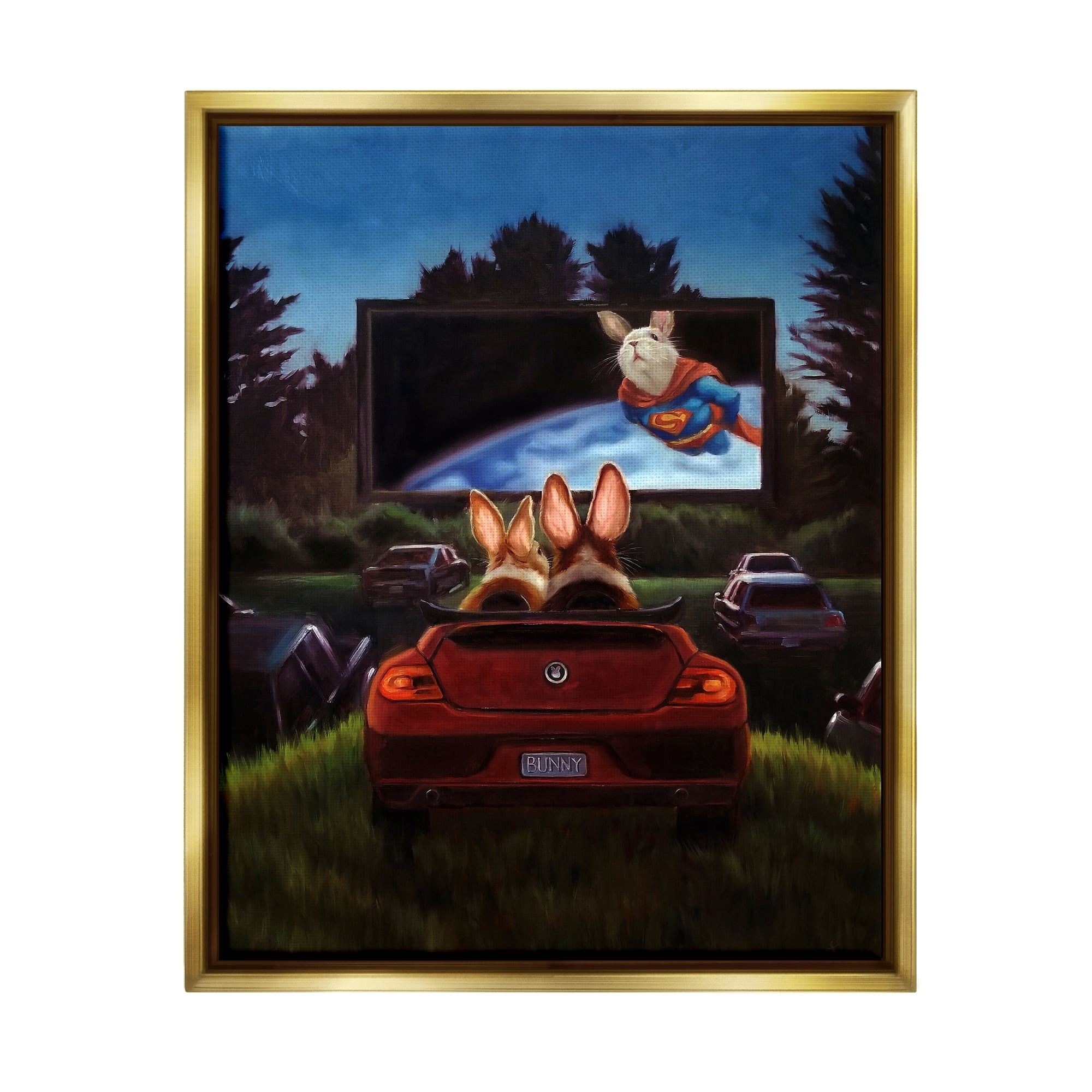 Stupell Industries Romantic Bunny Couple Drive-In Movie Date Animals Painting Metallic Gold Floating Framed Canvas Print Wall Art, Design by Lucia Heffernan