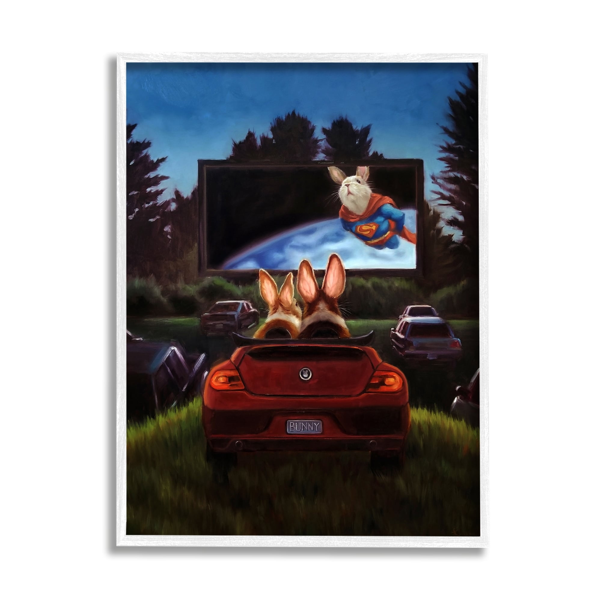 Stupell Industries Romantic Bunny Couple Drive-In Movie Date Animals Painting White Framed Art Print Wall Art, Design by Lucia Heffernan