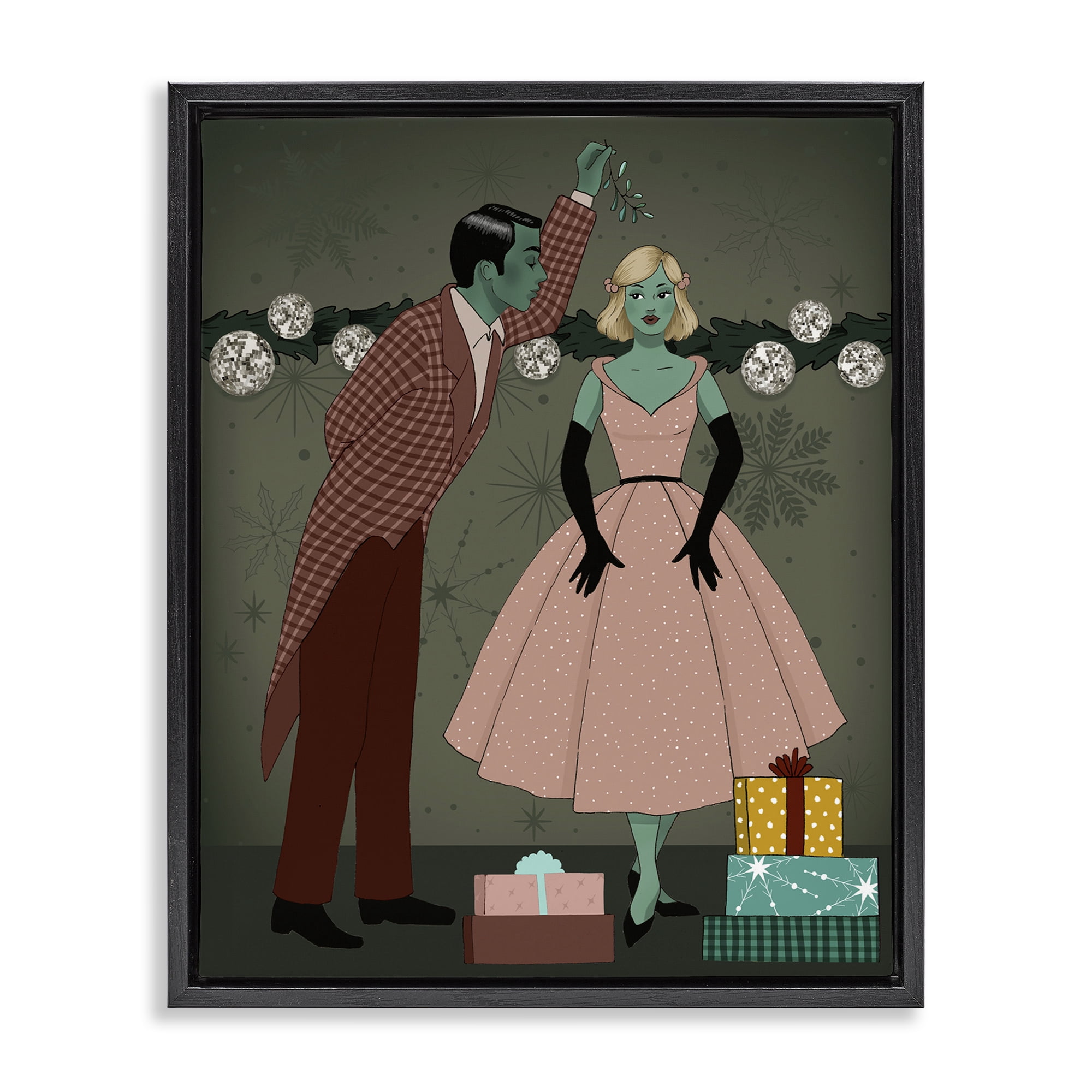 Stupell Industries Romantic Christmas Kiss Holiday Painting Black Floater Framed Art Print Wall Art, 17 x 21