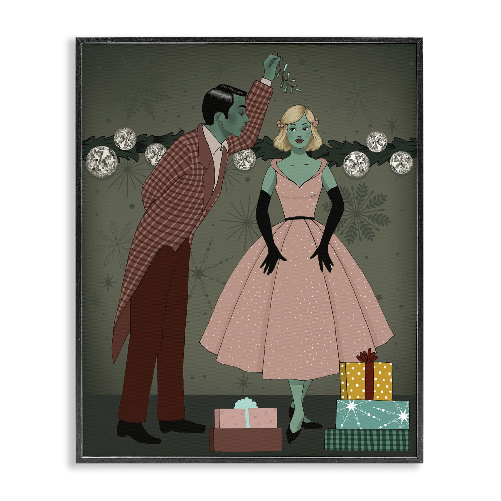 Stupell Industries Romantic Christmas Kiss Holiday Painting Black Framed Art Print Wall Art, 11 x 14