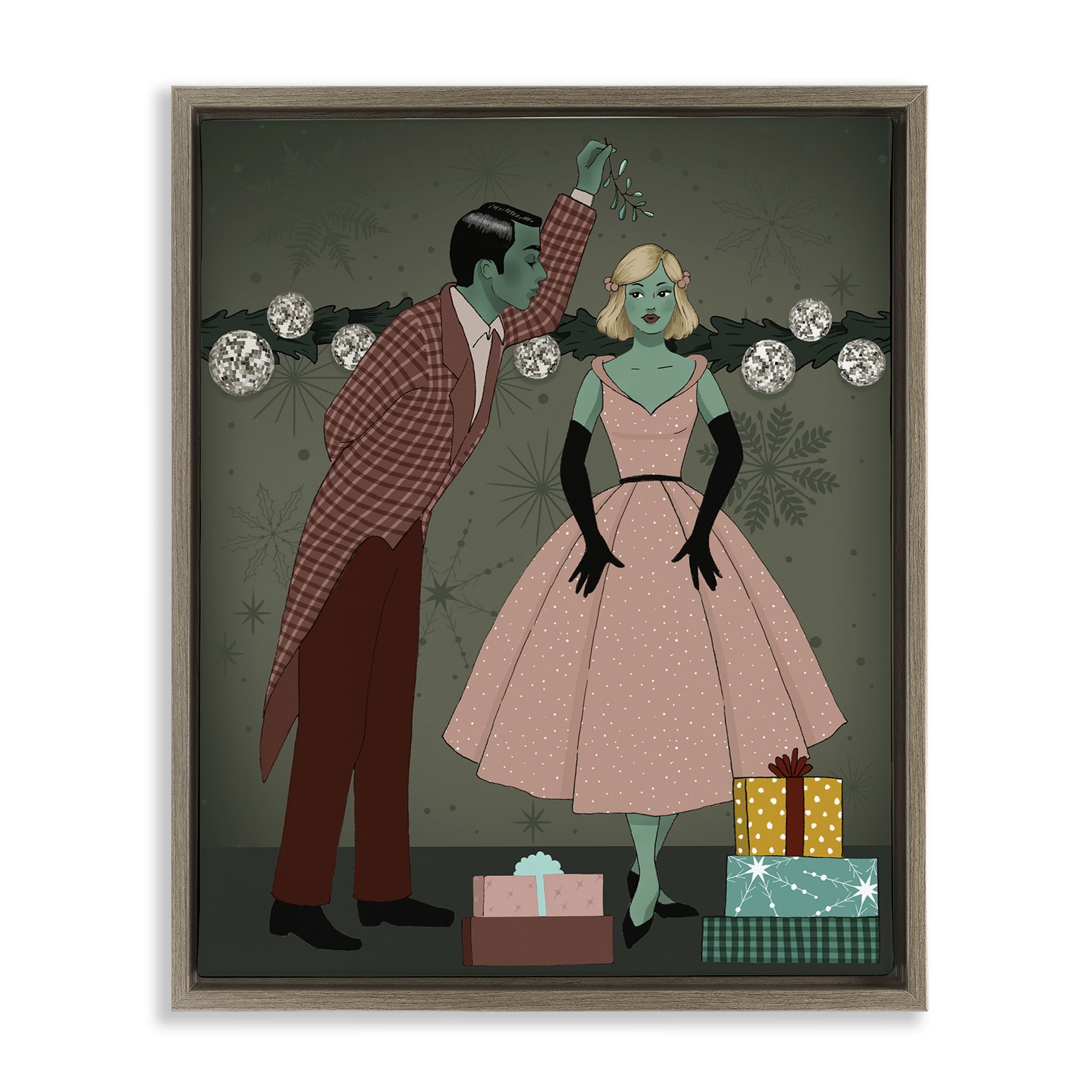 Stupell Industries Romantic Christmas Kiss Holiday Painting Brown Floater Framed Art Print Wall Art, 25 x 31