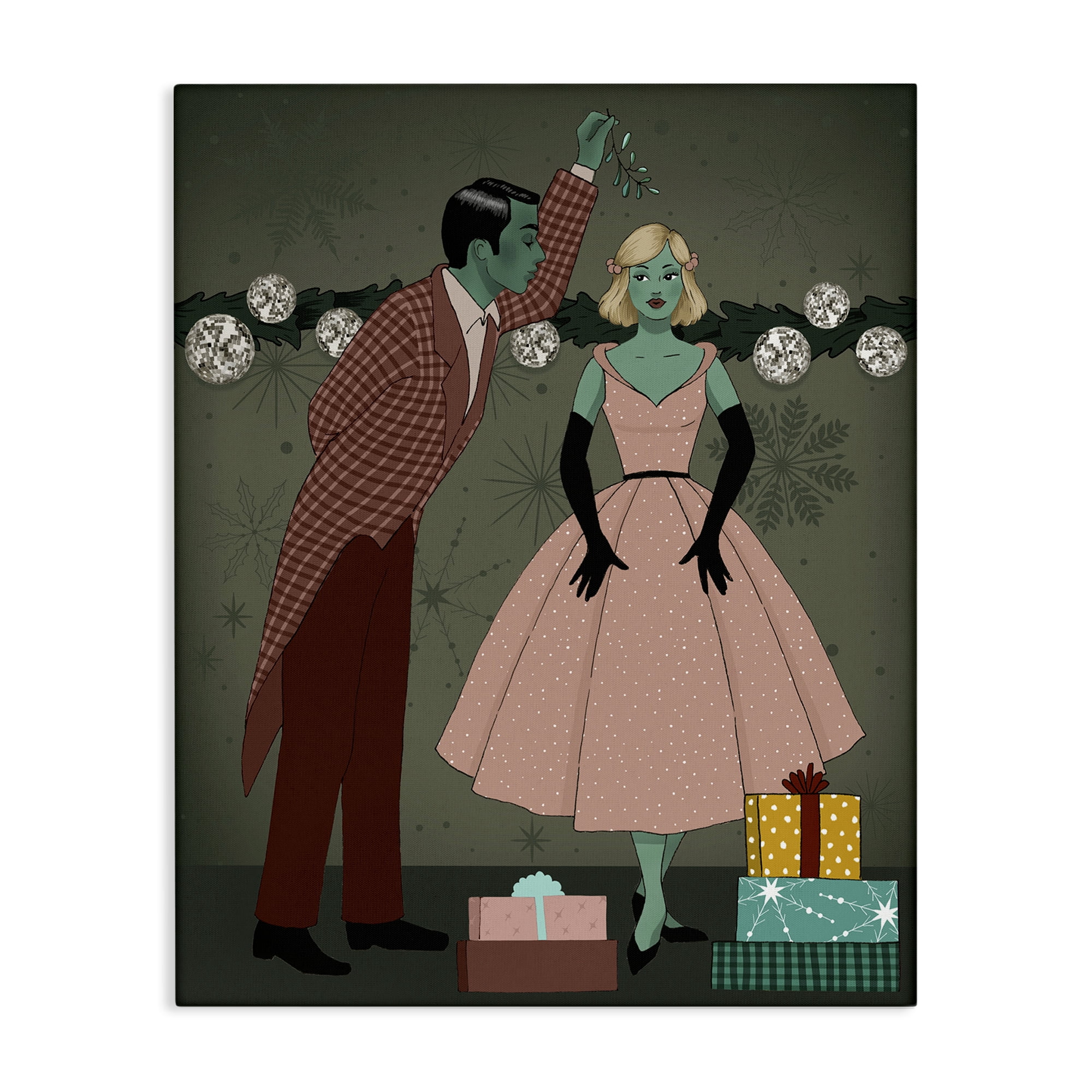 Stupell Industries Romantic Christmas Kiss Holiday Painting Gallery Wrapped Canvas Art Print Wall Art, 30 x 40