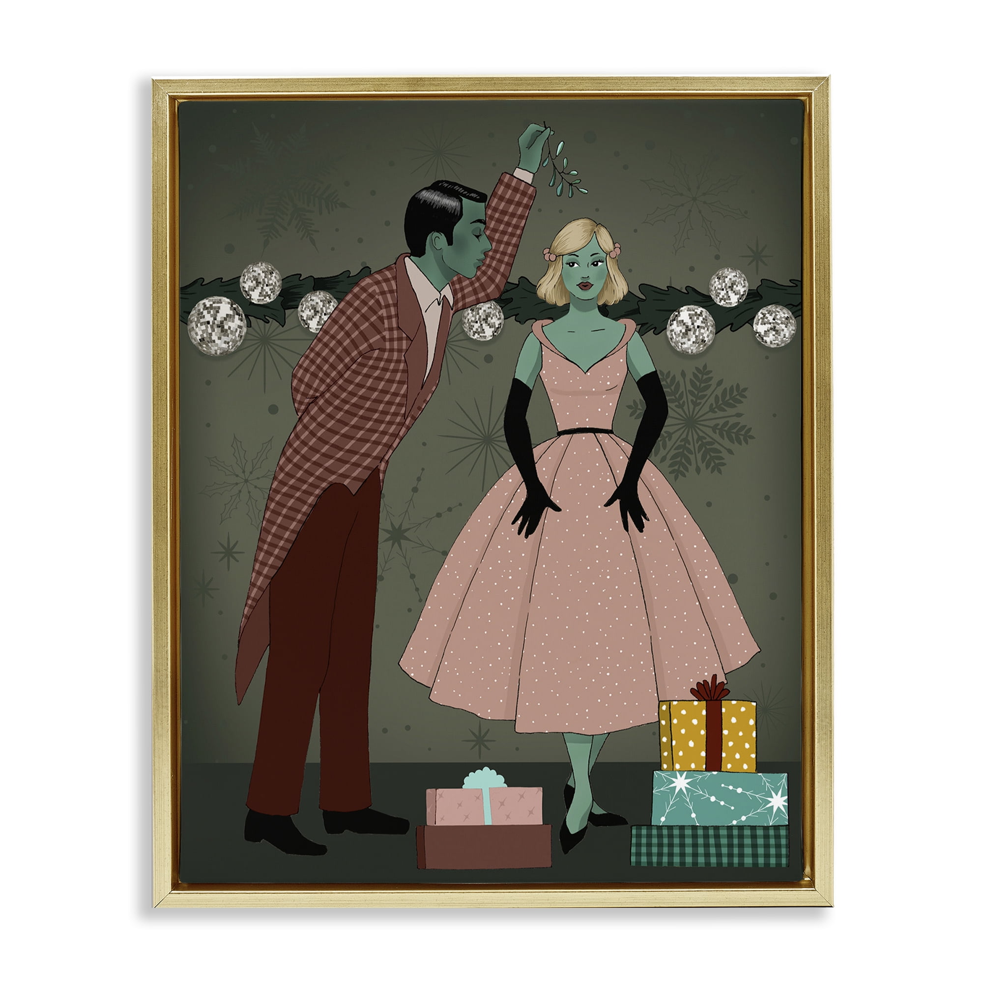 Stupell Industries Romantic Christmas Kiss Holiday Painting Gold Floater Framed Art Print Wall Art, 17 x 21