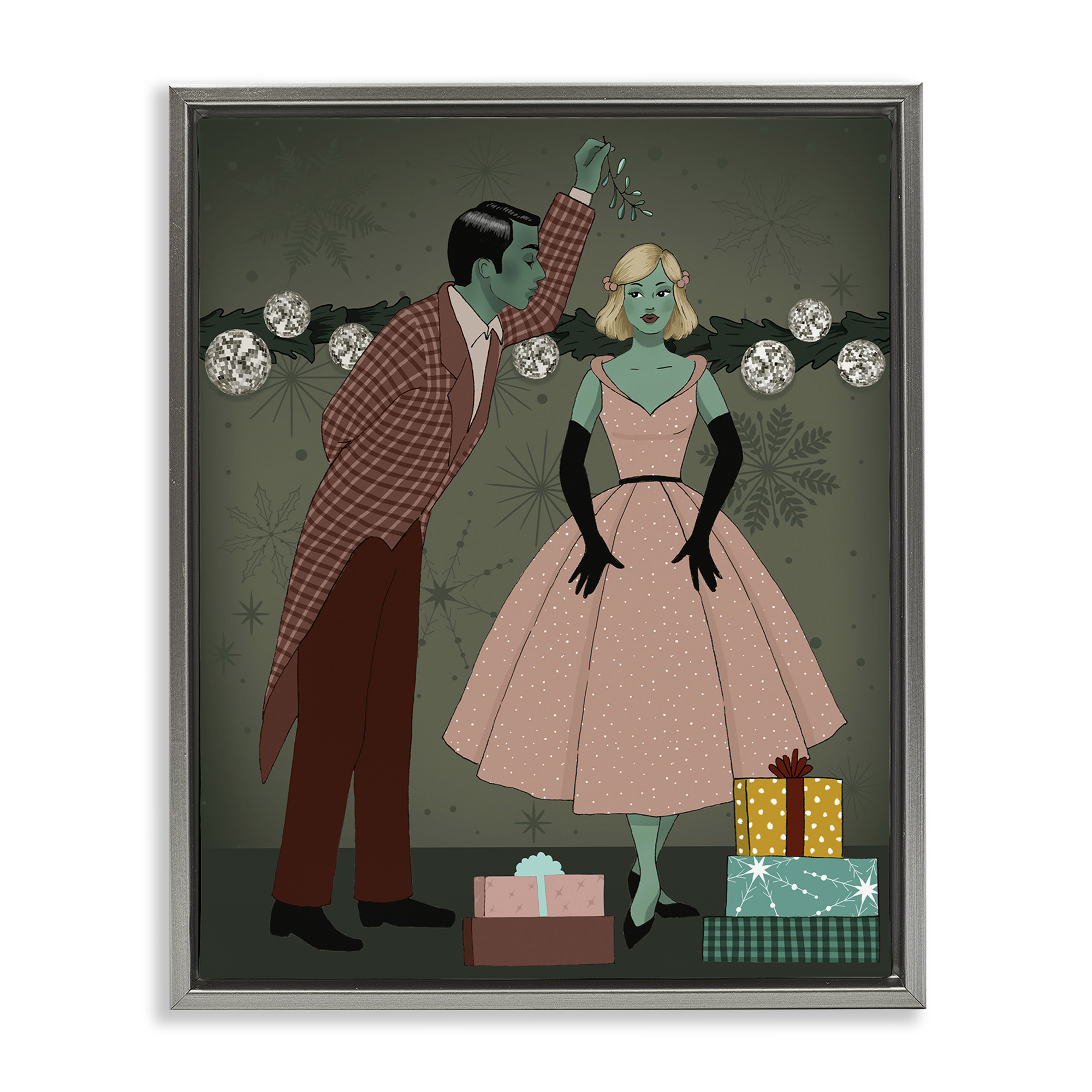 Stupell Industries Romantic Christmas Kiss Holiday Painting Gray Floater Framed Art Print Wall Art, 25 x 31