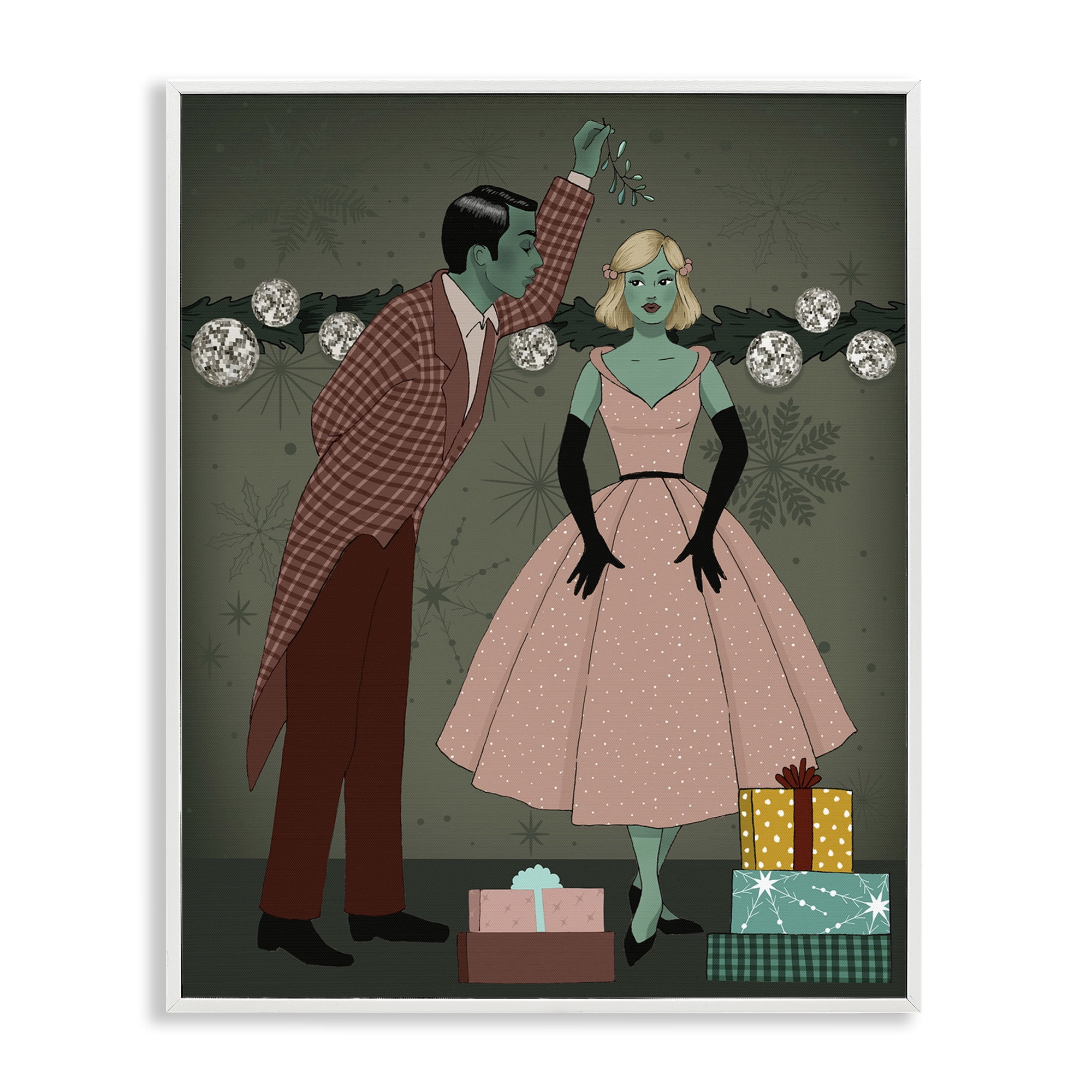 Stupell Industries Romantic Christmas Kiss Holiday Painting White Framed Art Print Wall Art, 16 x 20