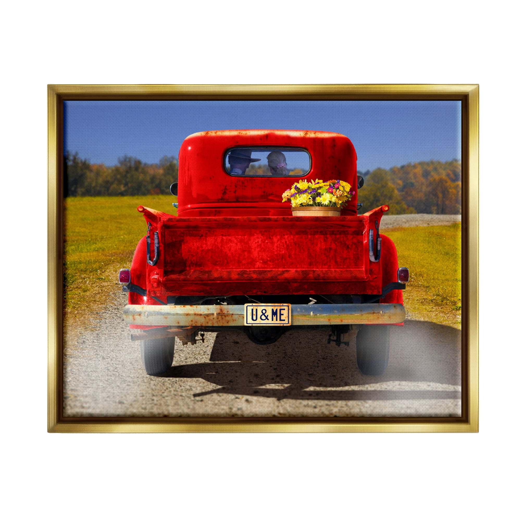 Stupell Industries Romantic Couple Red Pickup Transportation Photography Gold Floater Framed Art Print Wall Art, 21 x 17