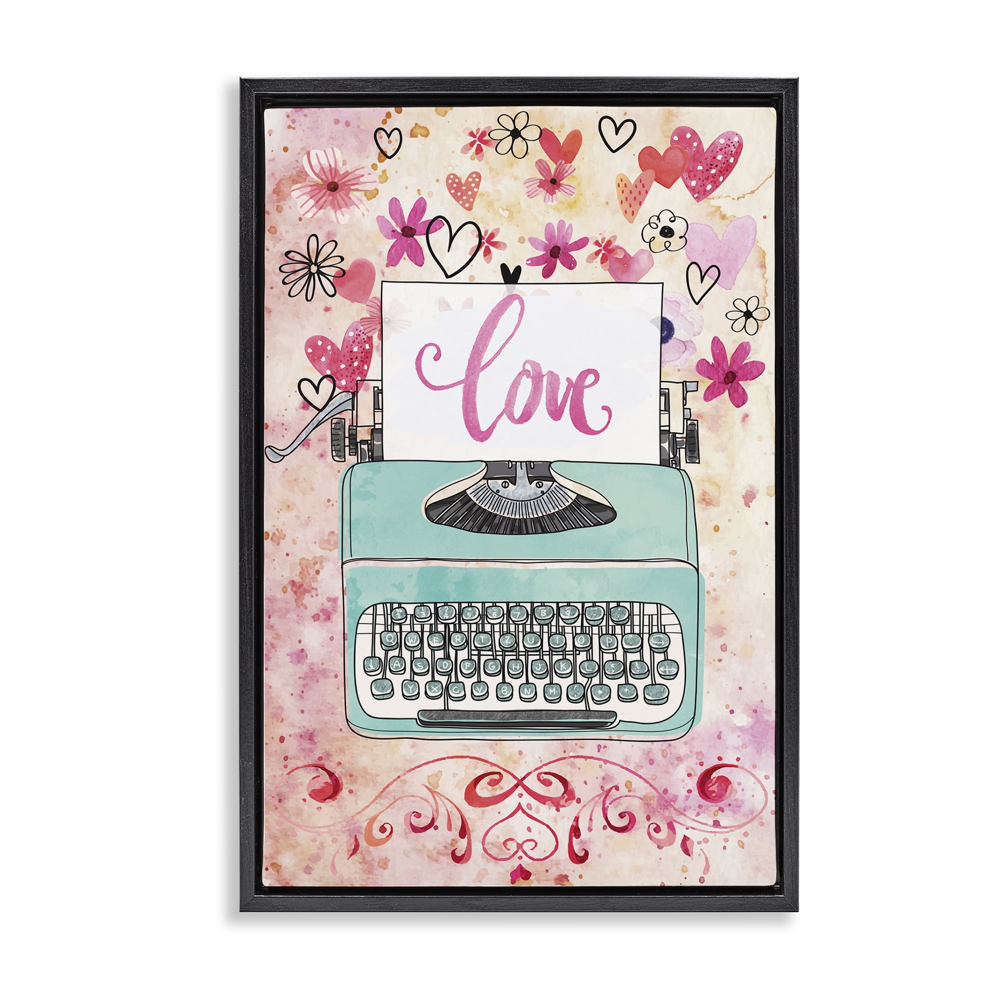 Stupell Industries Romantic Love Typewriter Typography Painting Black Floater Framed Art Print Wall Art, 17 x 25