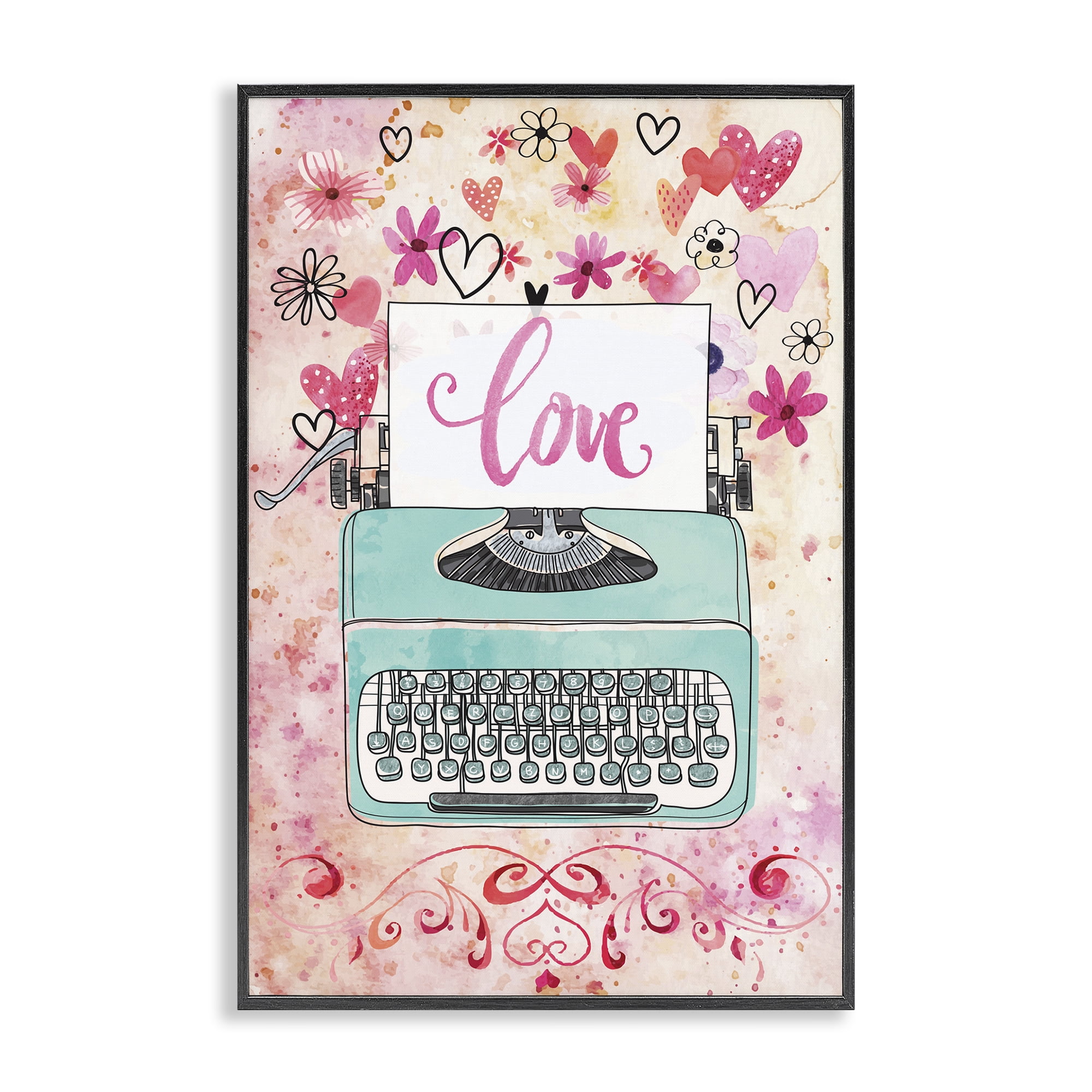 Stupell Industries Romantic Love Typewriter Typography Painting Black Framed Art Print Wall Art, 12 x 18