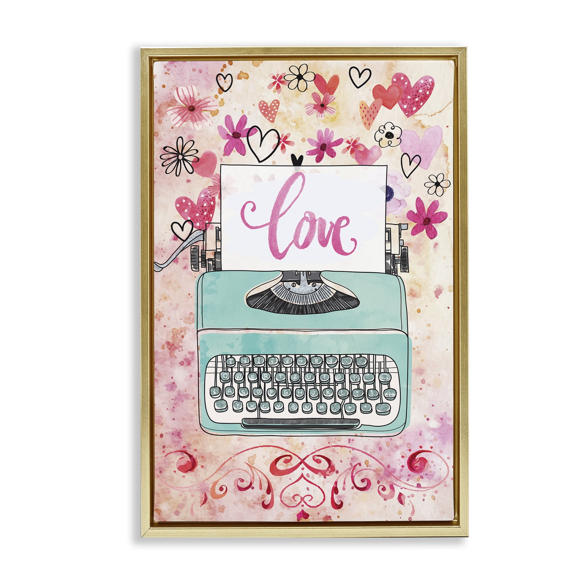 Stupell Industries Romantic Love Typewriter Typography Painting Gold Floater Framed Art Print Wall Art, 21 x 31