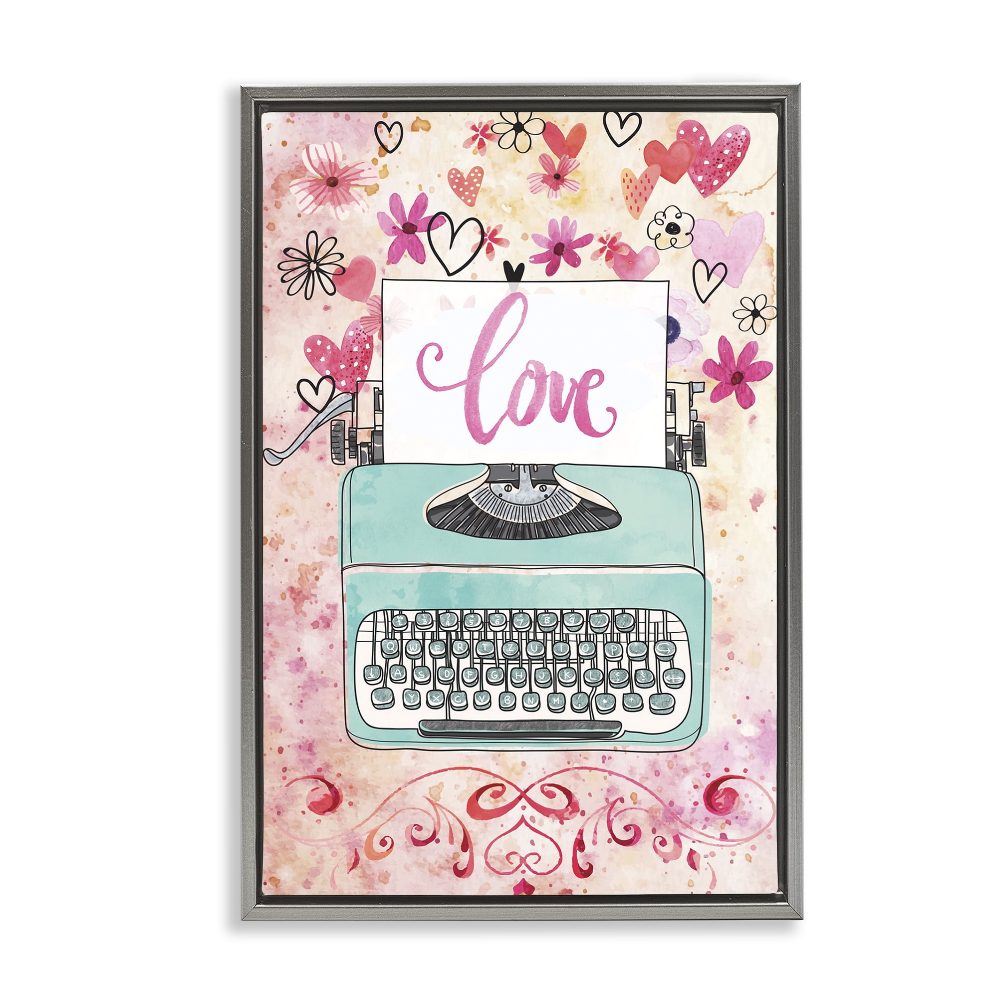 Stupell Industries Romantic Love Typewriter Typography Painting Gray Floater Framed Art Print Wall Art, 21 x 31