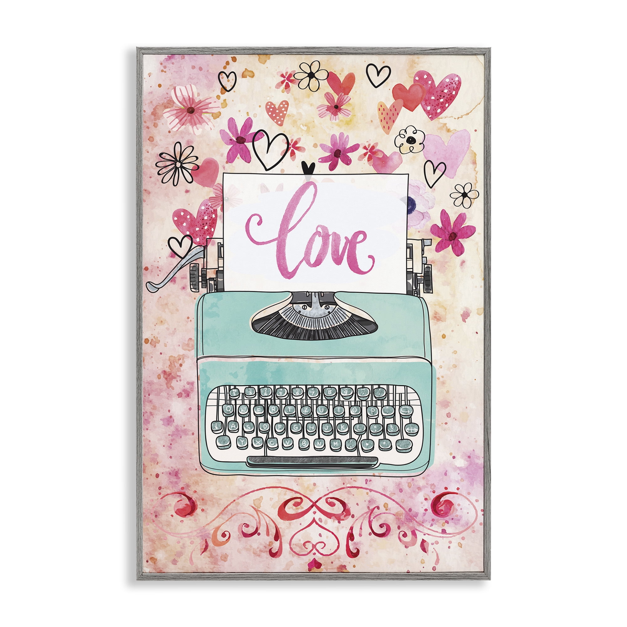 Stupell Industries Romantic Love Typewriter Typography Painting Gray Framed Art Print Wall Art, 12 x 18