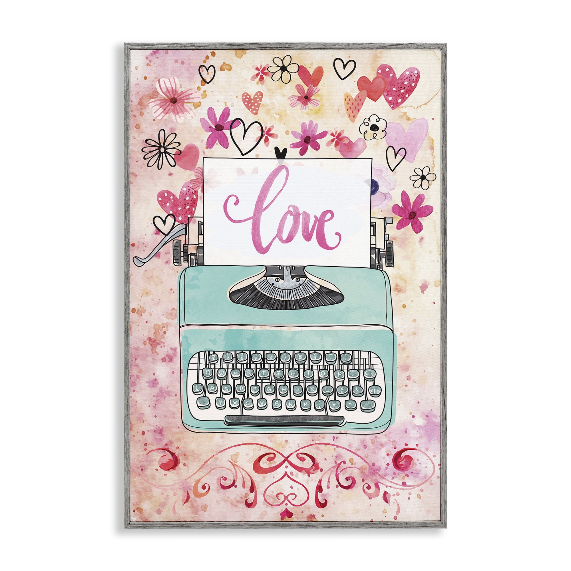 Stupell Industries Romantic Love Typewriter Typography Painting Gray Framed Art Print Wall Art, 20 x 30
