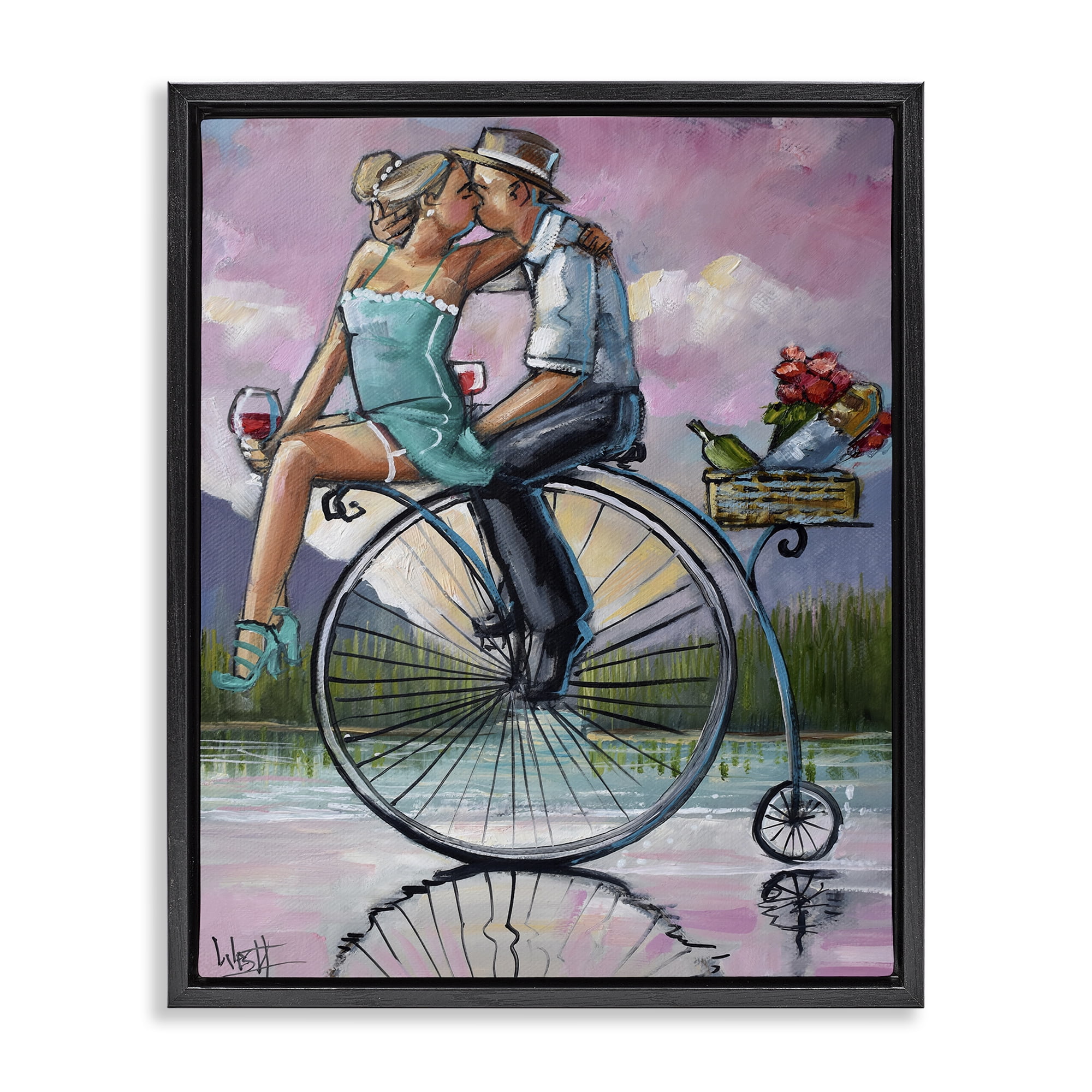 Stupell Industries Romantic Picnic on Bicycle Black Framed Floater Canvas Wall Art, design by Ronald West