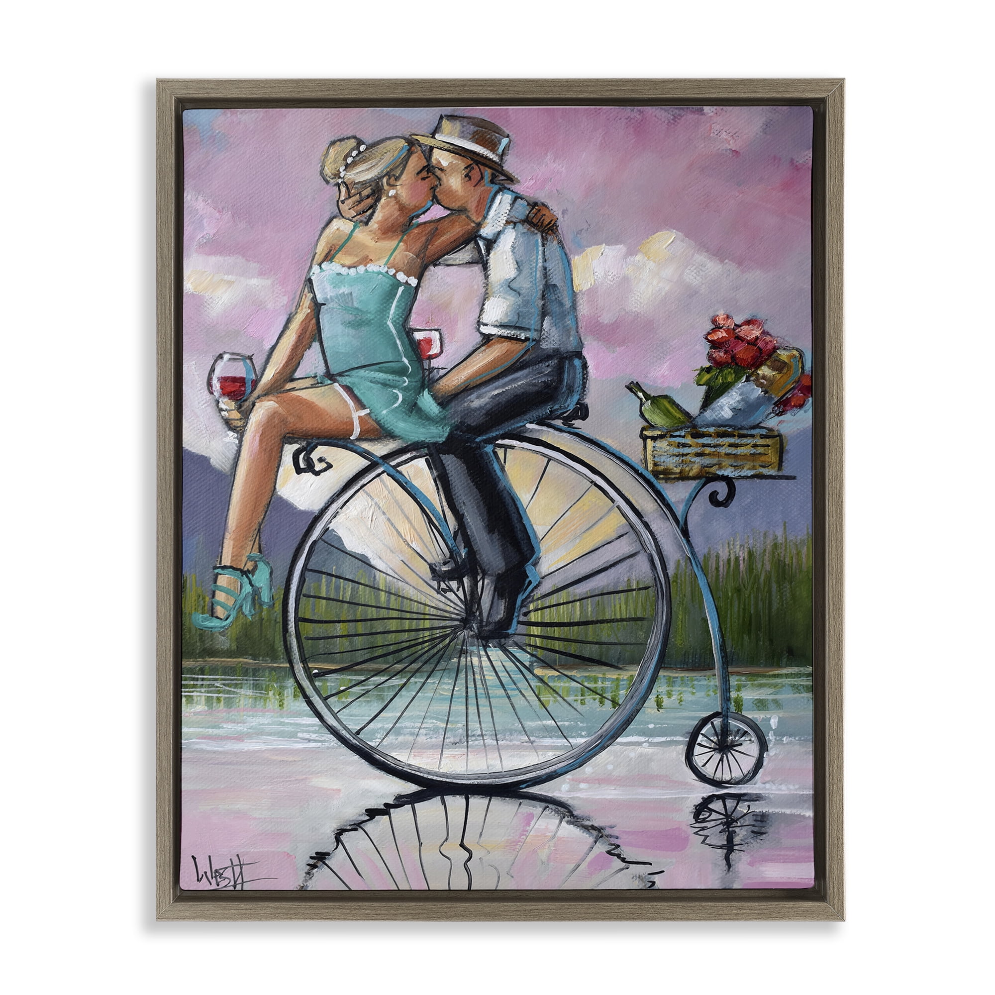 Stupell Industries Romantic Picnic on Bicycle Brown Framed Floater Canvas Wall Art, design by Ronald West