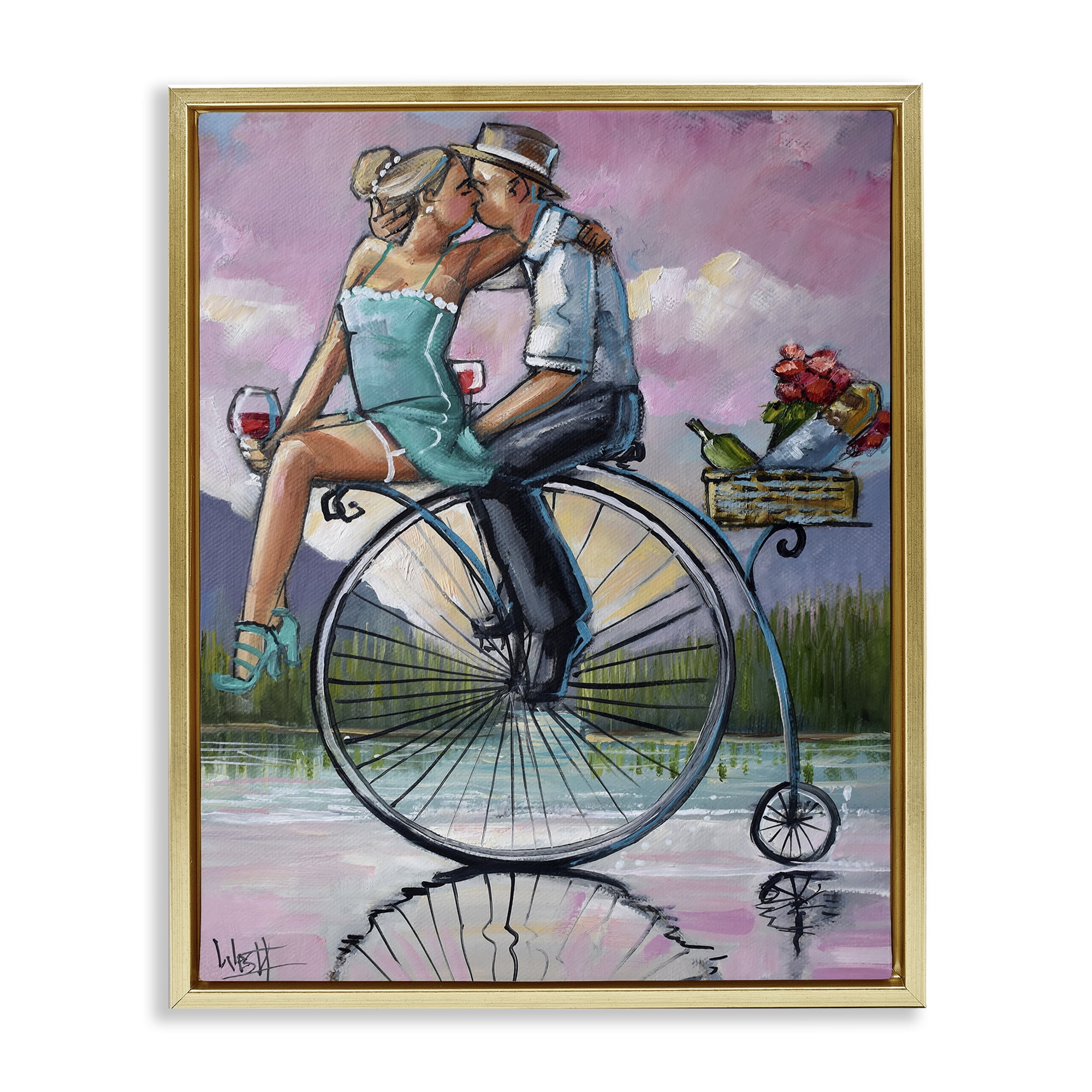 Stupell Industries Romantic Picnic on Bicycle Gold Framed Floater Canvas Wall Art, design by Ronald West