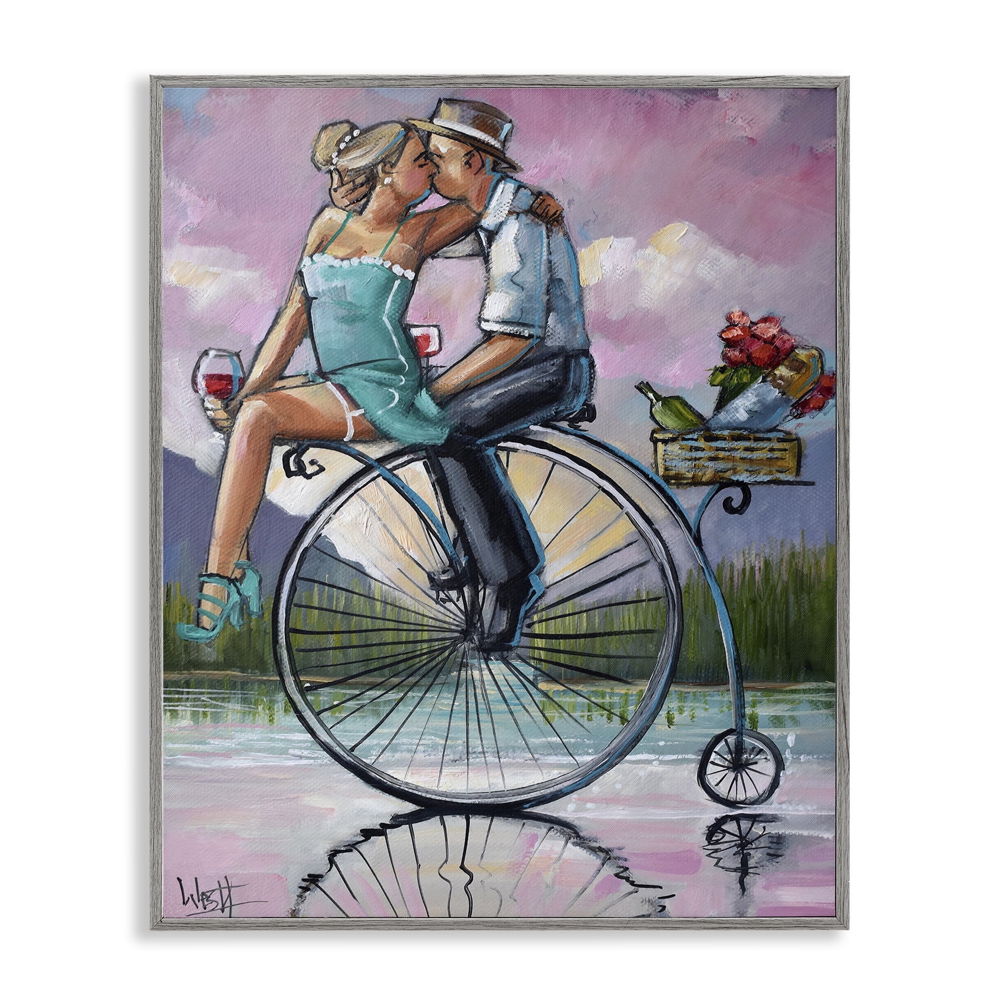 Stupell Industries Romantic Picnic on Bicycle Gray Framed Giclee Art, design by Ronald West