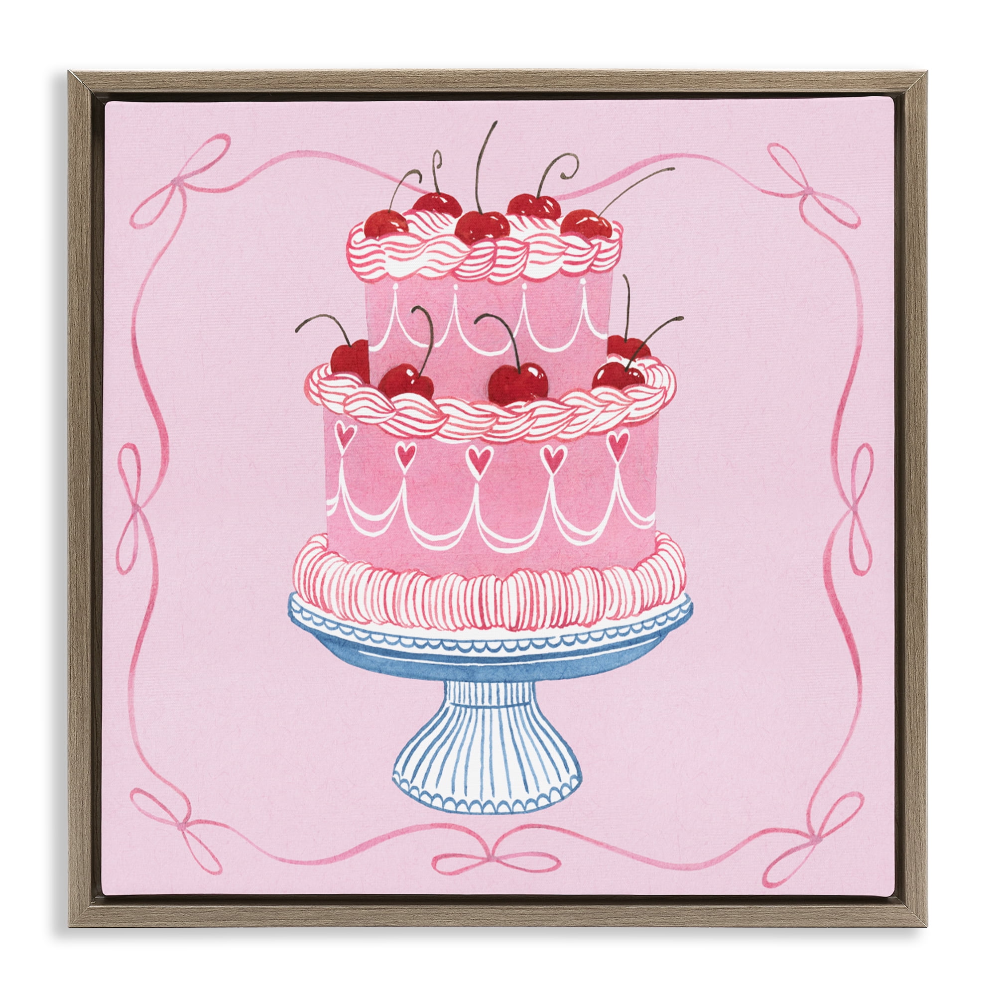 Stupell Industries Romantic Pink Cherry Cake Brown Framed Floater Canvas Wall Art, design by Grace Popp