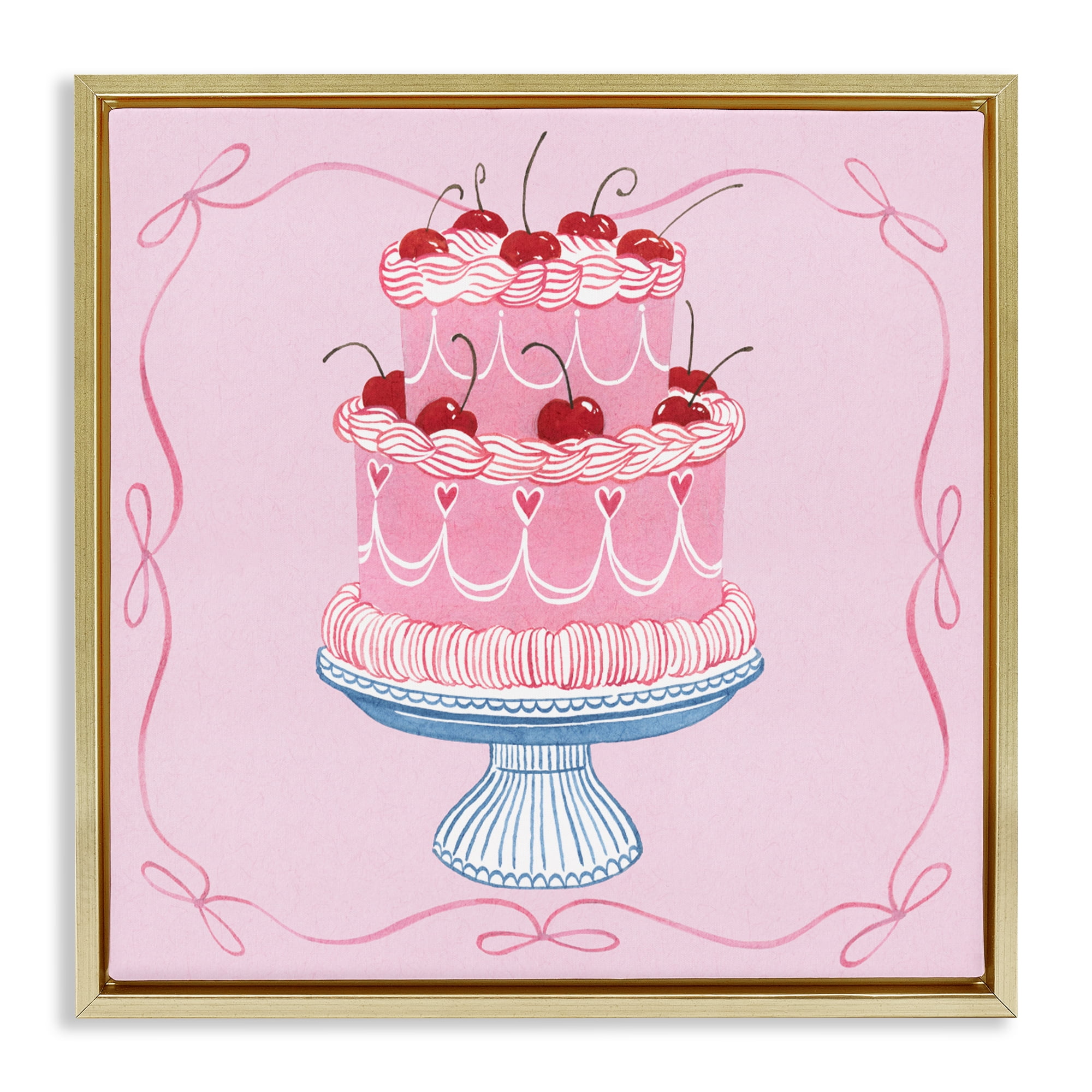 Stupell Industries Romantic Pink Cherry Cake Gold Framed Floater Canvas Wall Art, design by Grace Popp