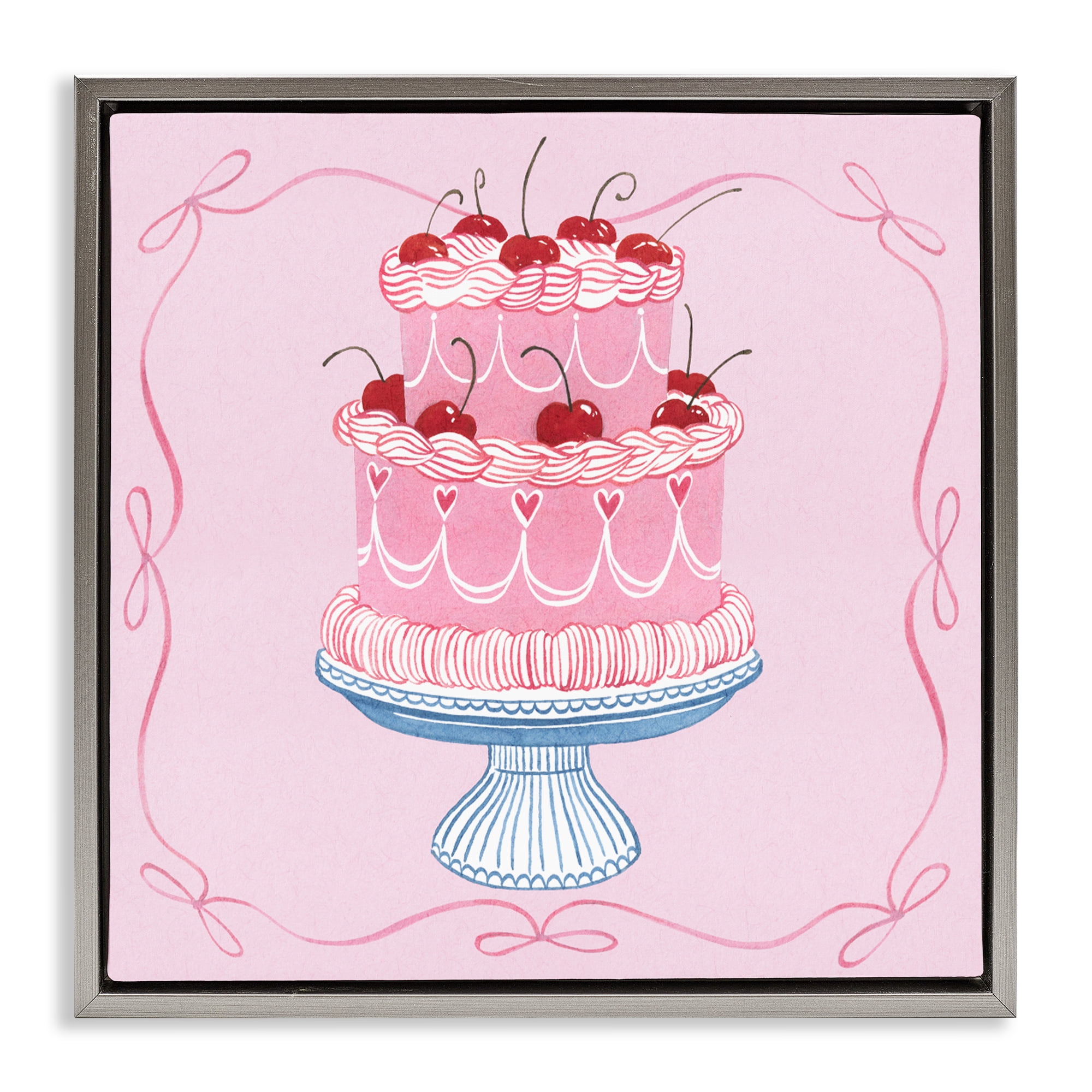 Stupell Industries Romantic Pink Cherry Cake Gray Framed Floater Canvas Wall Art, design by Grace Popp