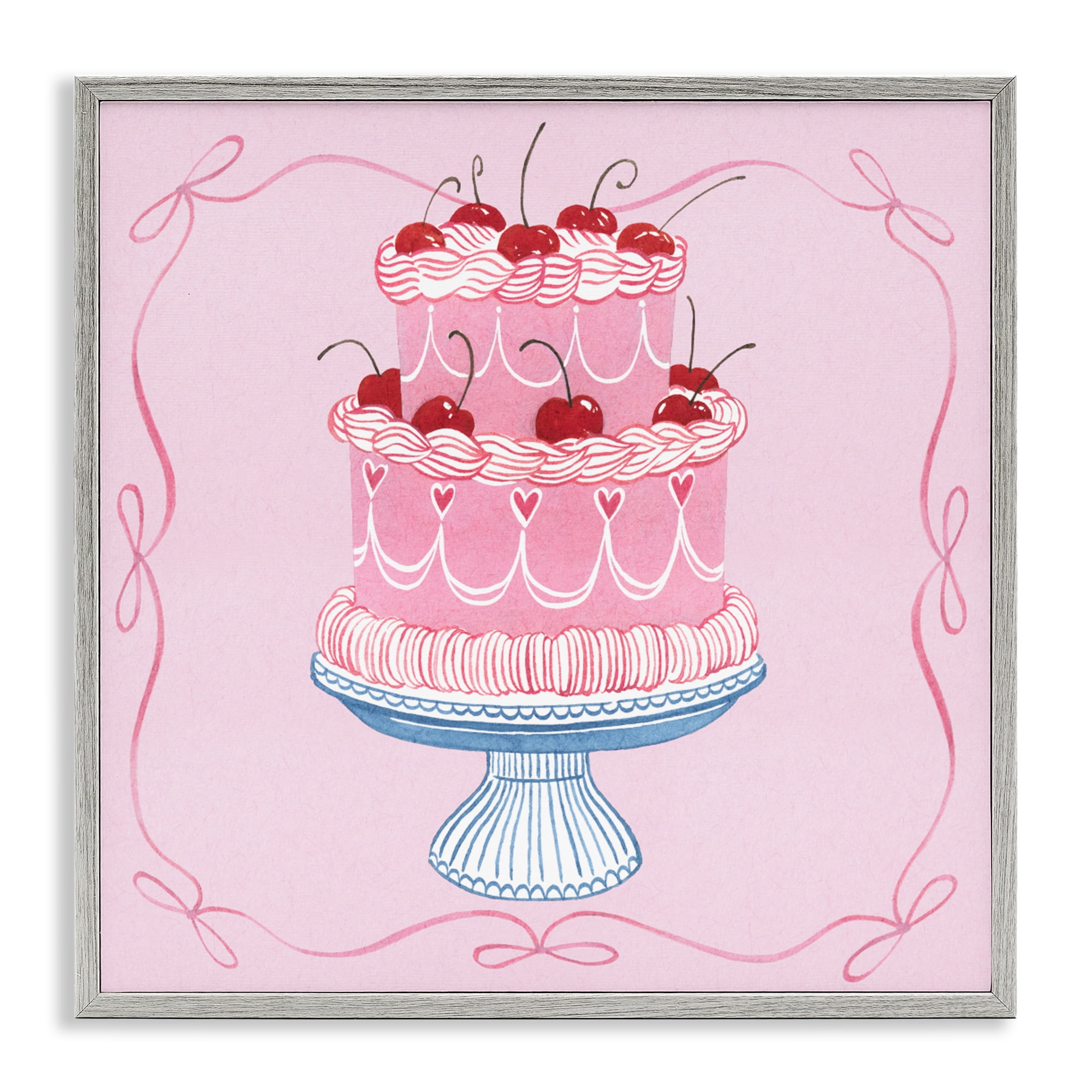 Stupell Industries Romantic Pink Cherry Cake Gray Framed Giclee Art, design by Grace Popp