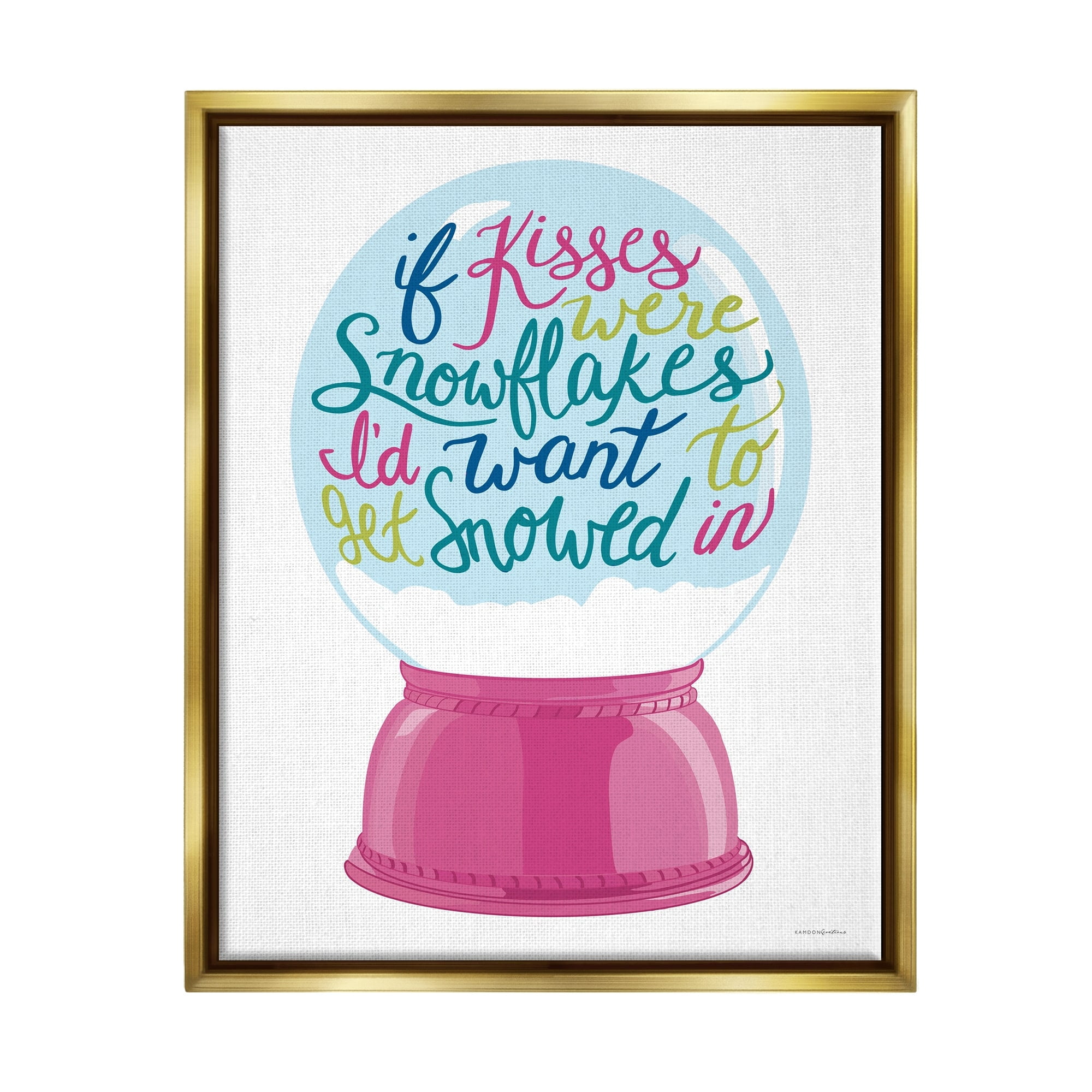 Stupell Industries Romantic Snowflake Kisses Snow Globe Winter Quote Graphic Art Metallic Gold Floating Framed Canvas Print Wall Art, Design by Kamdon Kreations