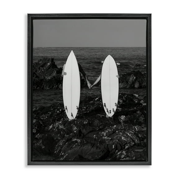 Stupell Industries Romantic Surfer Couple Sports Photography Black Floater Framed Canvas Art Print Wall Art, 17 x 21