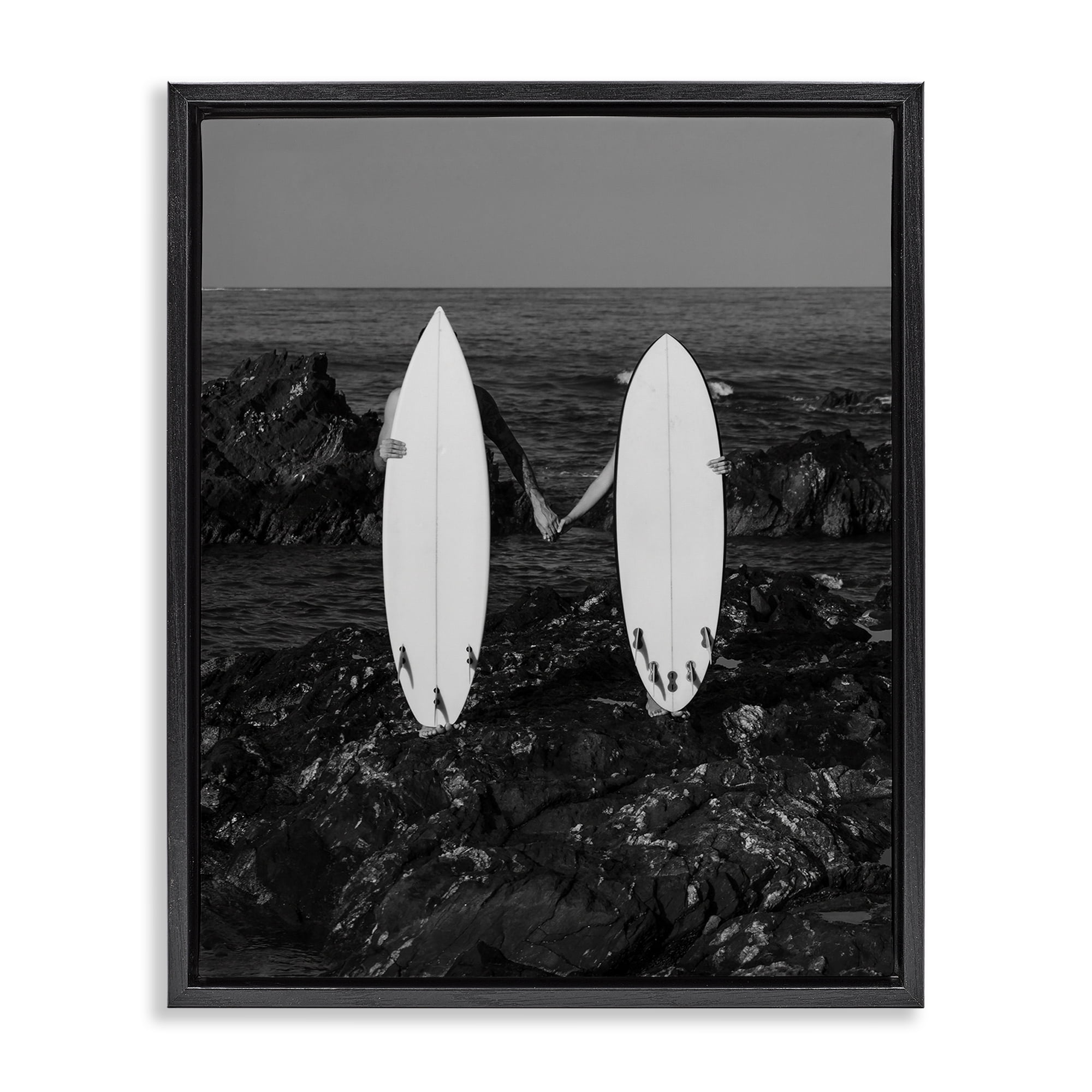 Stupell Industries Romantic Surfer Couple Sports Photography Black Floater Framed Canvas Art Print Wall Art, 25 x 31