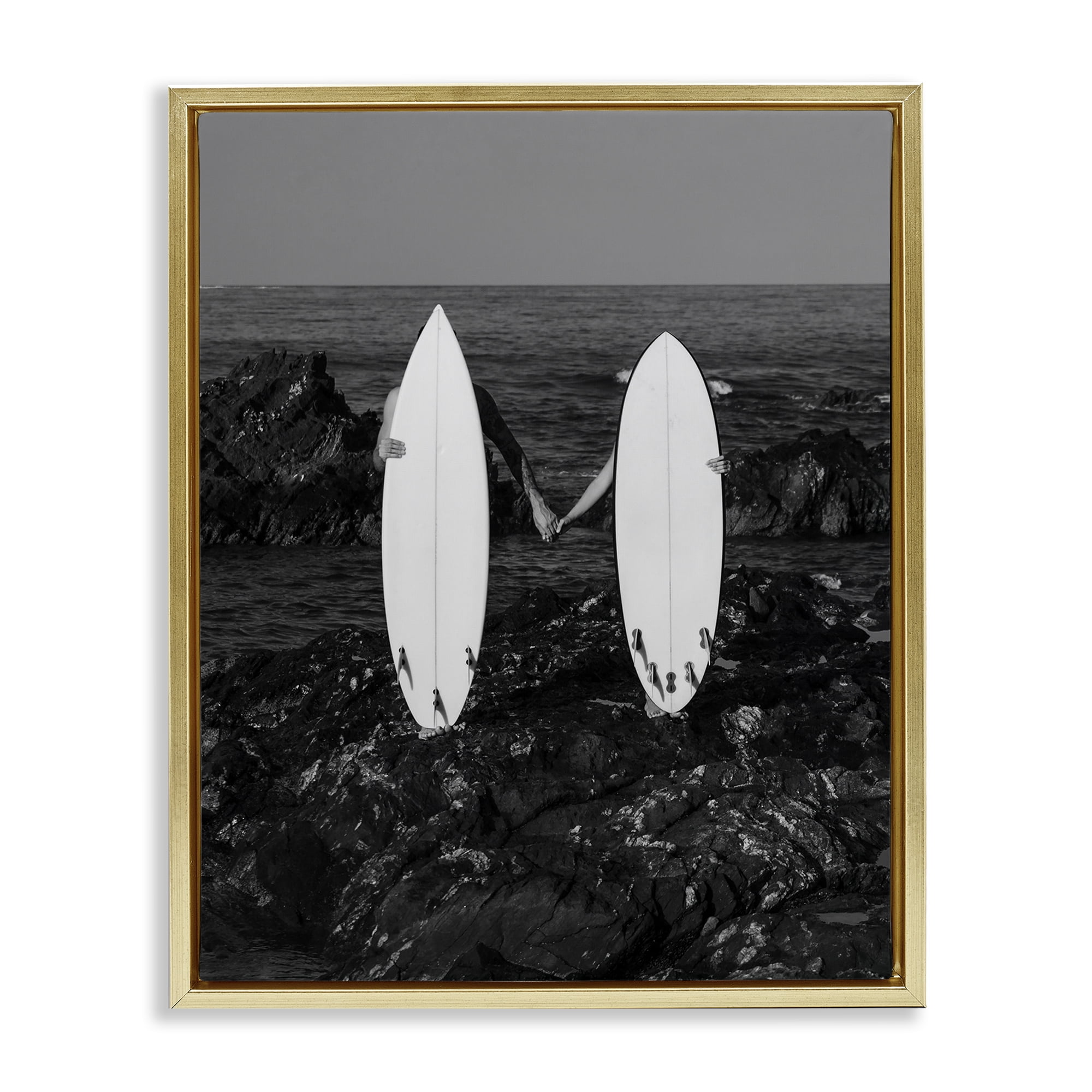 Stupell Industries Romantic Surfer Couple Sports Photography Gold Floater Framed Canvas Art Print Wall Art, 17 x 21