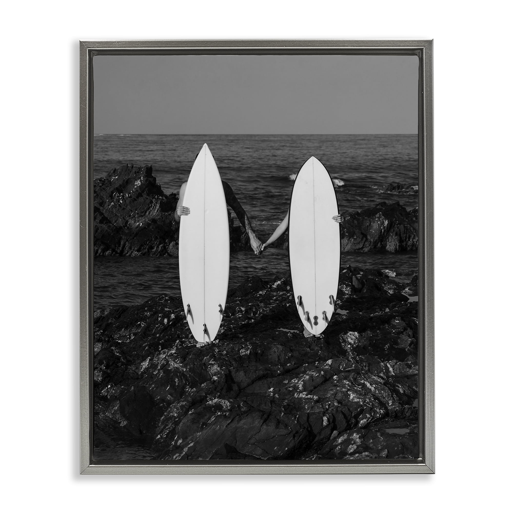 Stupell Industries Romantic Surfer Couple Sports Photography Gray Floater Framed Canvas Art Print Wall Art, 25 x 31