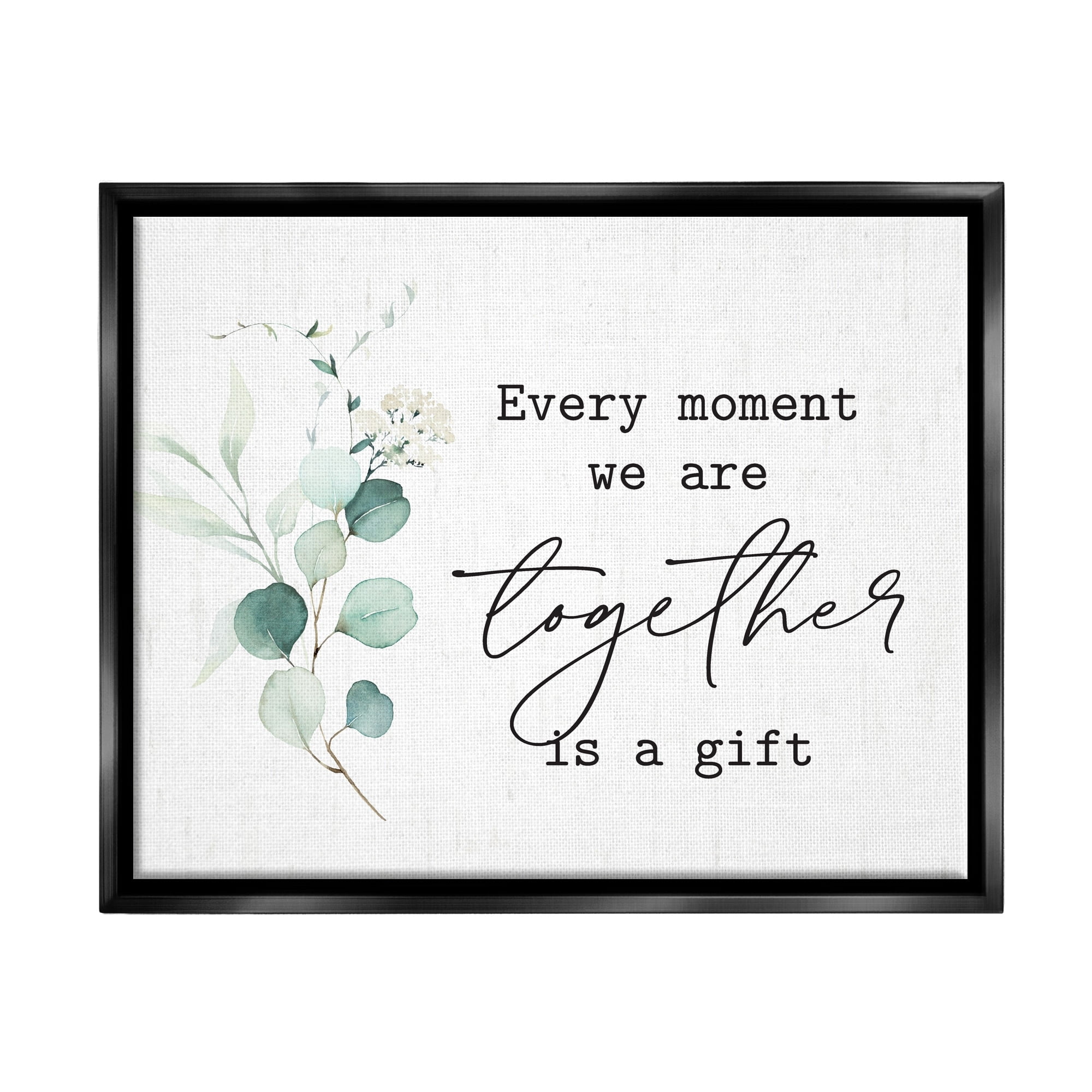Stupell Industries Romantic Together Typography Phrase Eucalyptus Floral Blossoms Graphic Art Jet Black Floating Framed Canvas Print Wall Art, Design by Lettered and Lined