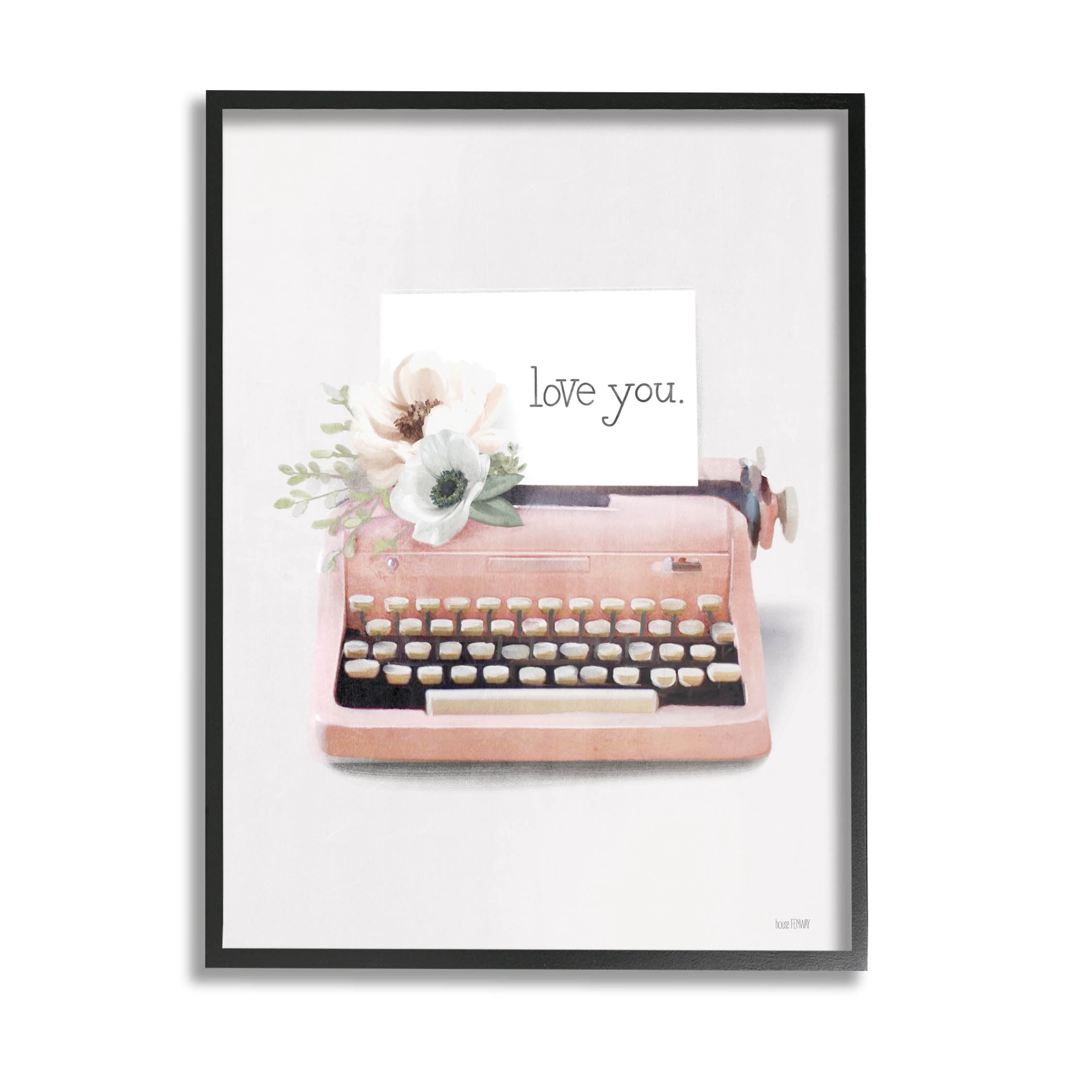 Stupell Industries Romantic Typewriter Vintage Florals Graphic Art Black Framed Art Print Wall Art, Design by House Fenway
