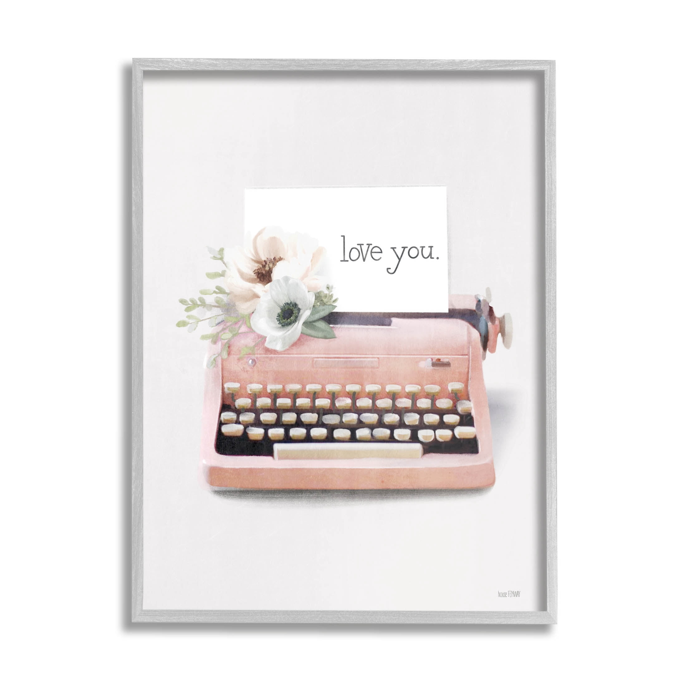 Stupell Industries Romantic Typewriter Vintage Florals Graphic Art Gray Framed Art Print Wall Art, Design by House Fenway