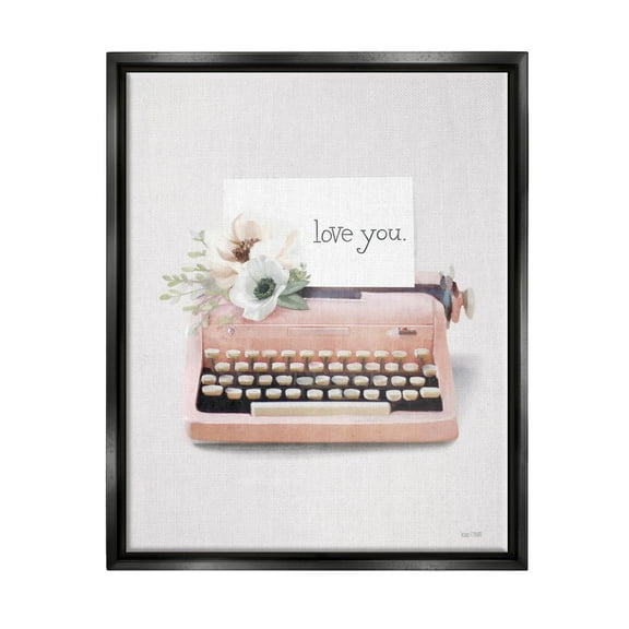 Stupell Industries Romantic Typewriter Vintage Florals Graphic Art Jet Black Floating Framed Canvas Print Wall Art, Design by House Fenway