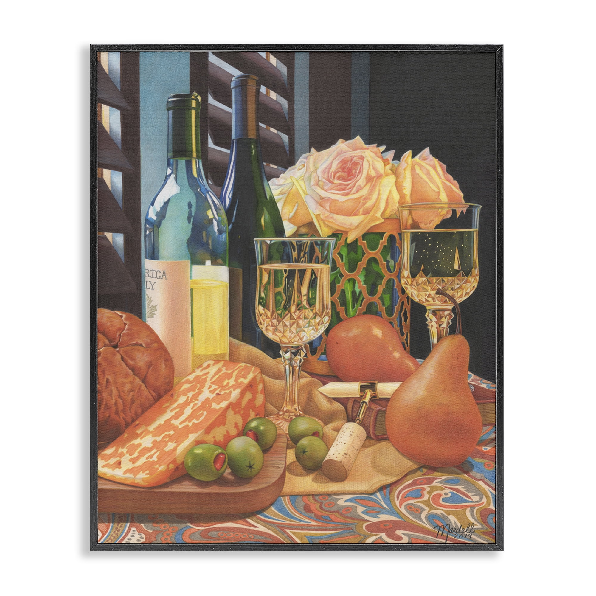 Stupell Industries Romantic Wine & Cheese Food & Beverage Painting Black Framed Art Print Wall Art, 24 x 30