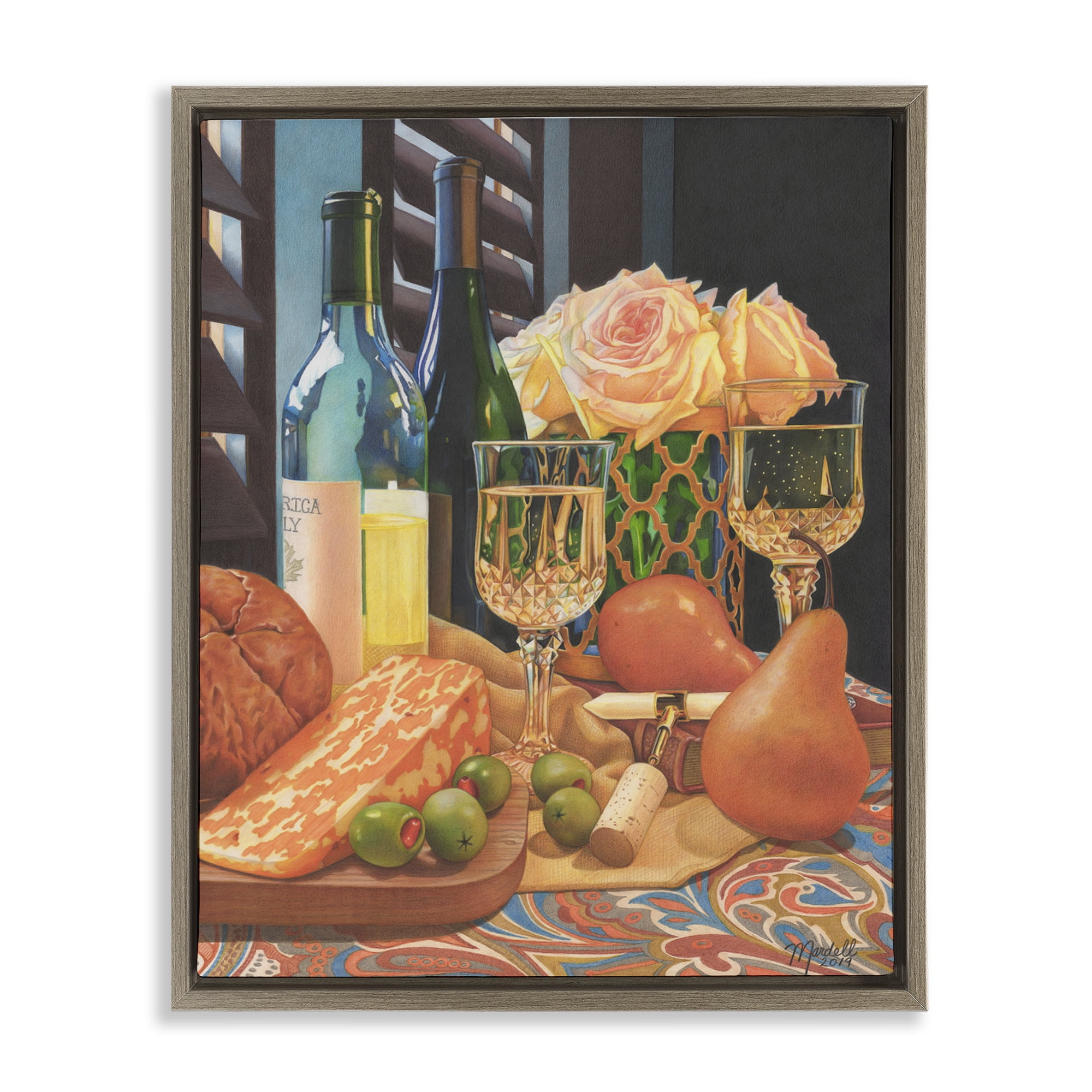 Stupell Industries Romantic Wine & Cheese Food & Beverage Painting Brown Floater Framed Art Print Wall Art, 17 x 21
