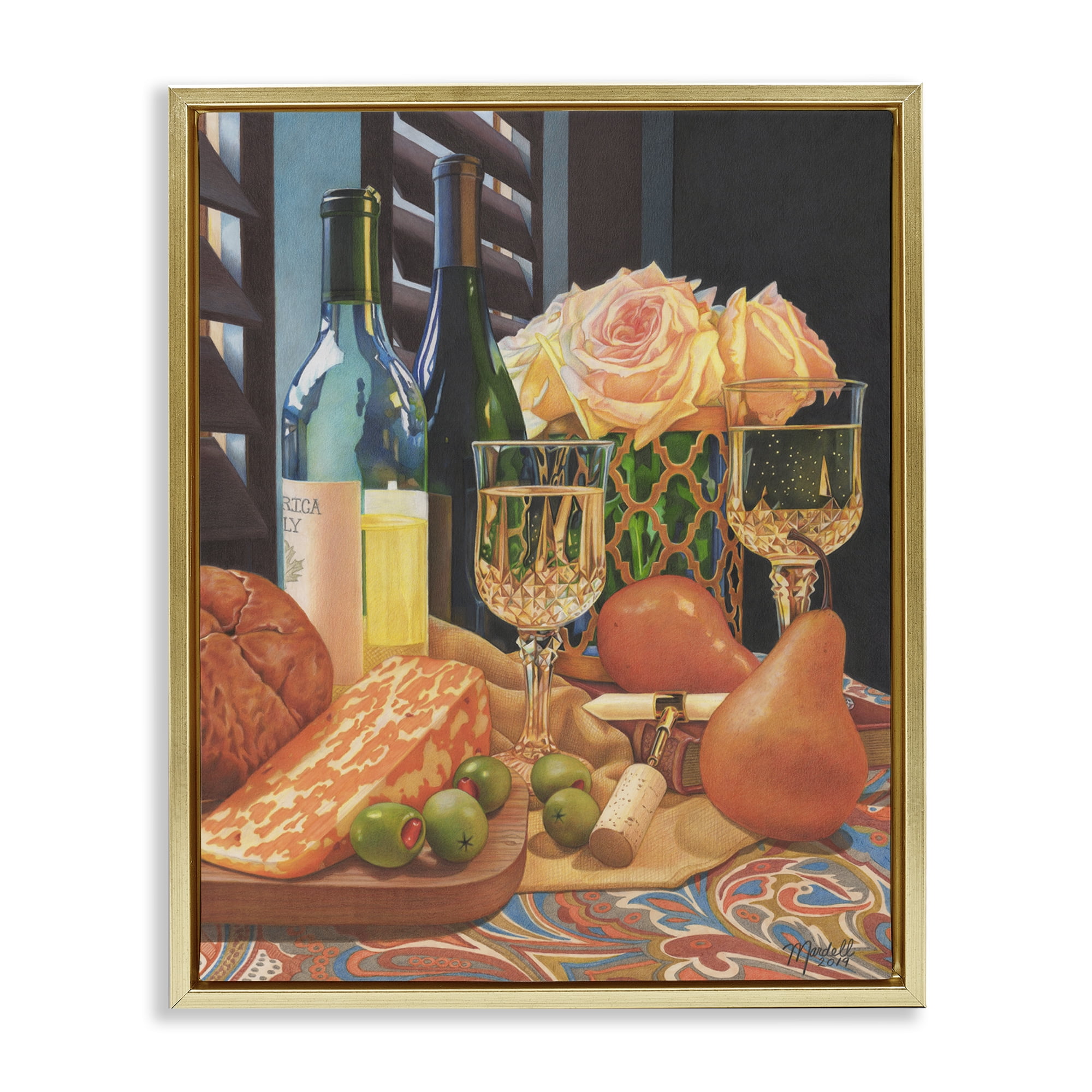 Stupell Industries Romantic Wine & Cheese Food & Beverage Painting Gold Floater Framed Art Print Wall Art, 25 x 31