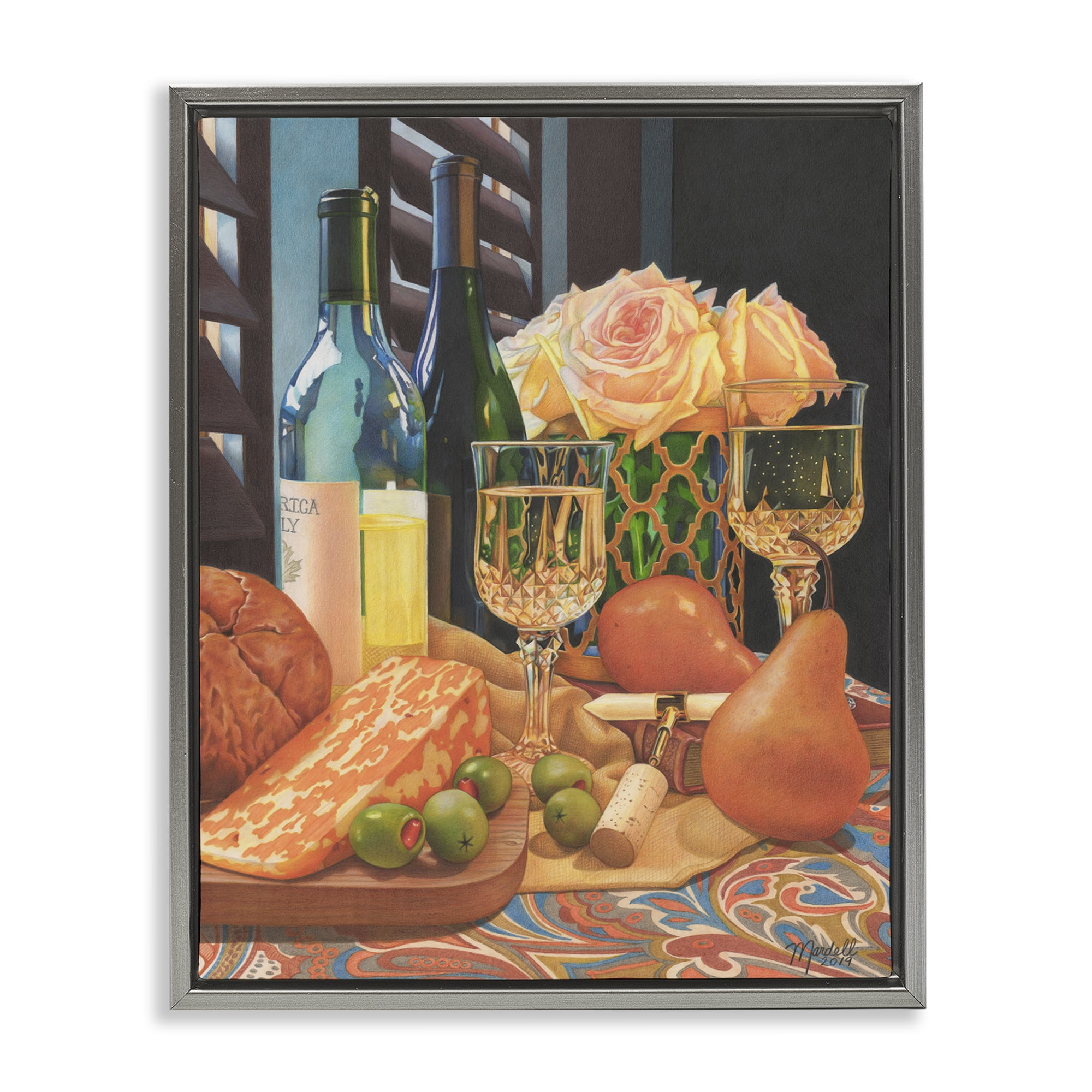 Stupell Industries Romantic Wine & Cheese Food & Beverage Painting Gray Floater Framed Art Print Wall Art, 25 x 31