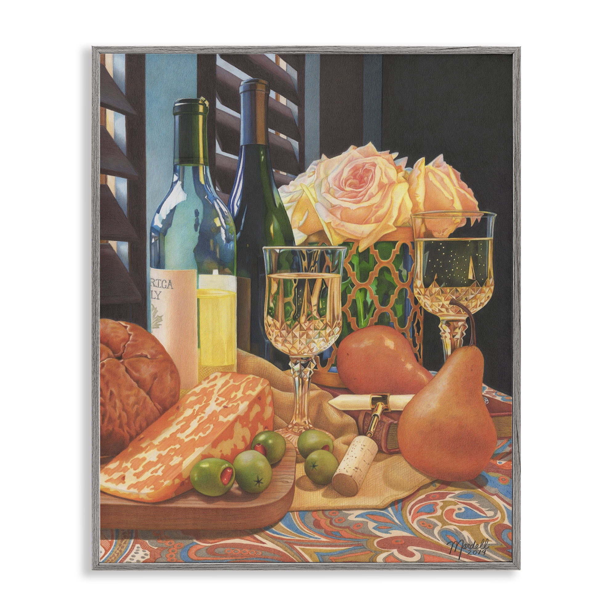 Stupell Industries Romantic Wine & Cheese Food & Beverage Painting Gray Framed Art Print Wall Art, 24 x 30